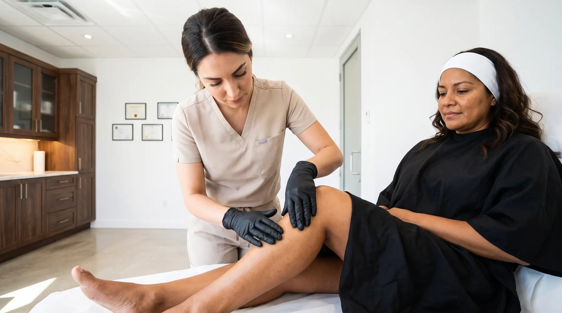 Une esthéticienne examine une zone traitée sur la jambe d'une cliente