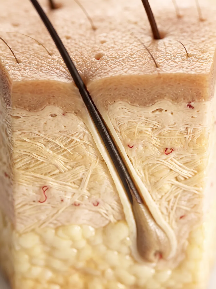 Close-up cross-section of skin: a hair crosses the surface and runs down its follicle to the bulb