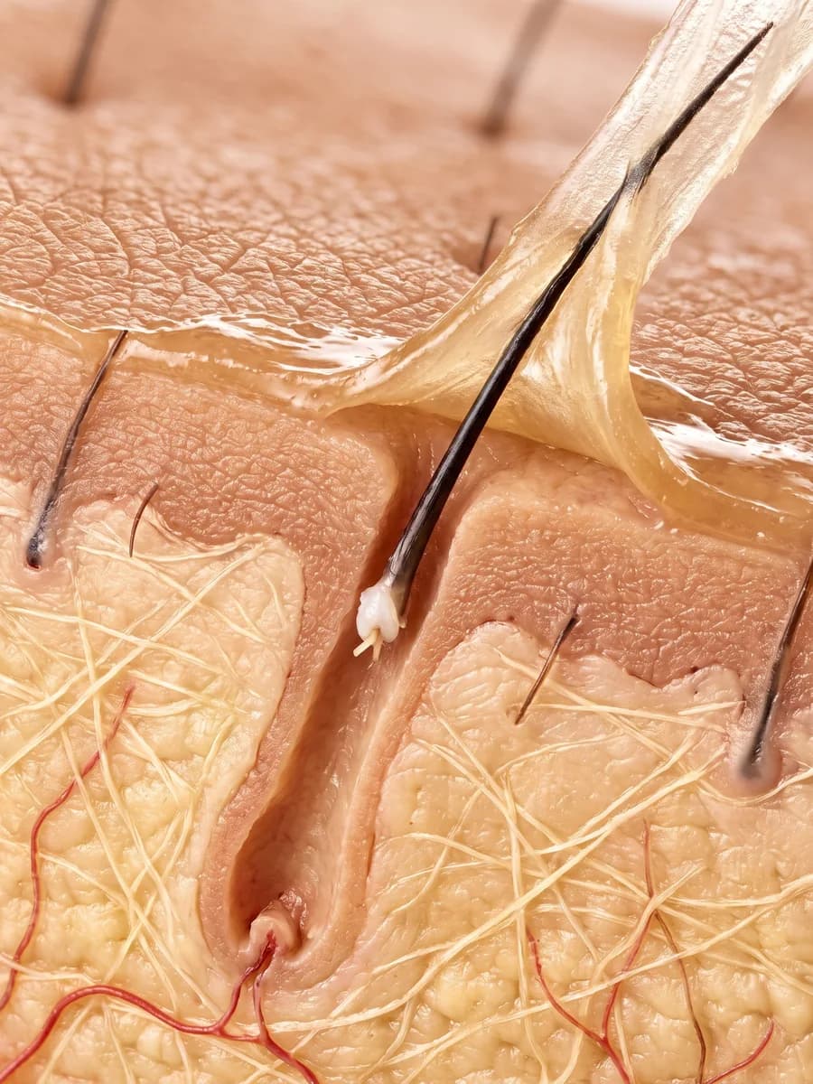 Close-up cross-section of skin: the wax pulls out the hair with its root, and the follicle stays in place