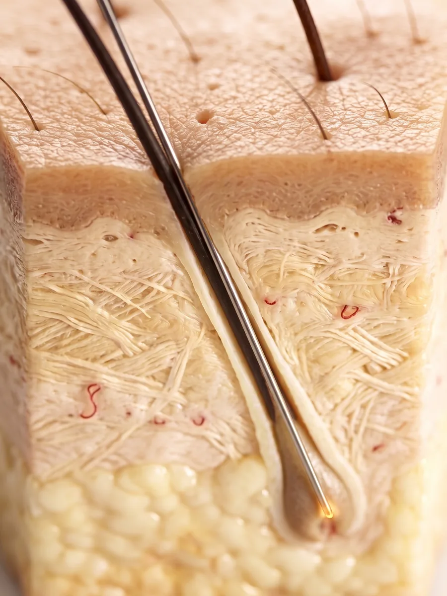 Close-up cross-section of skin: a very fine probe slides down the follicle, beside the hair, to the root
