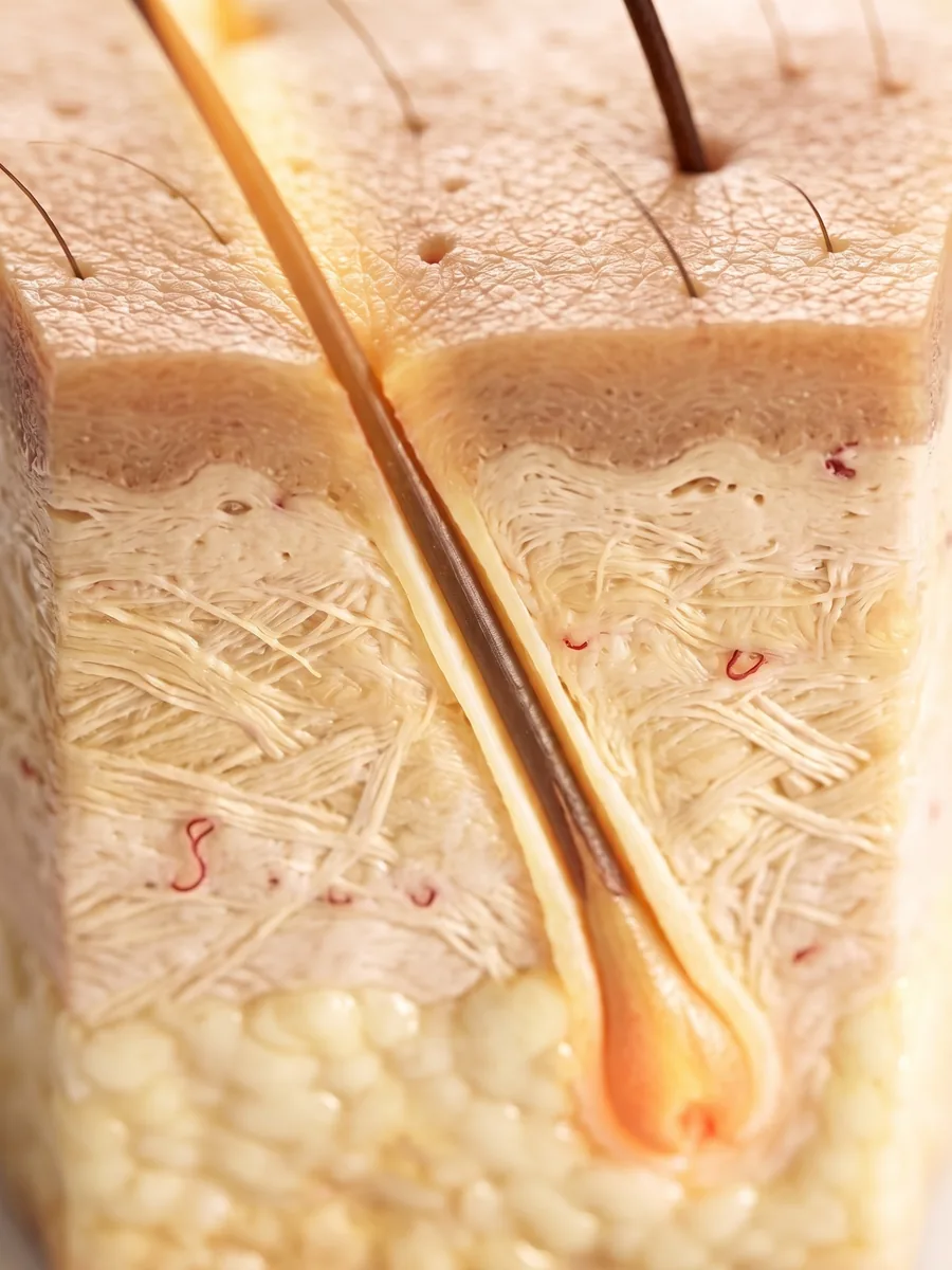 Close-up cross-section of skin: the laser light travels down the hair and heats its root