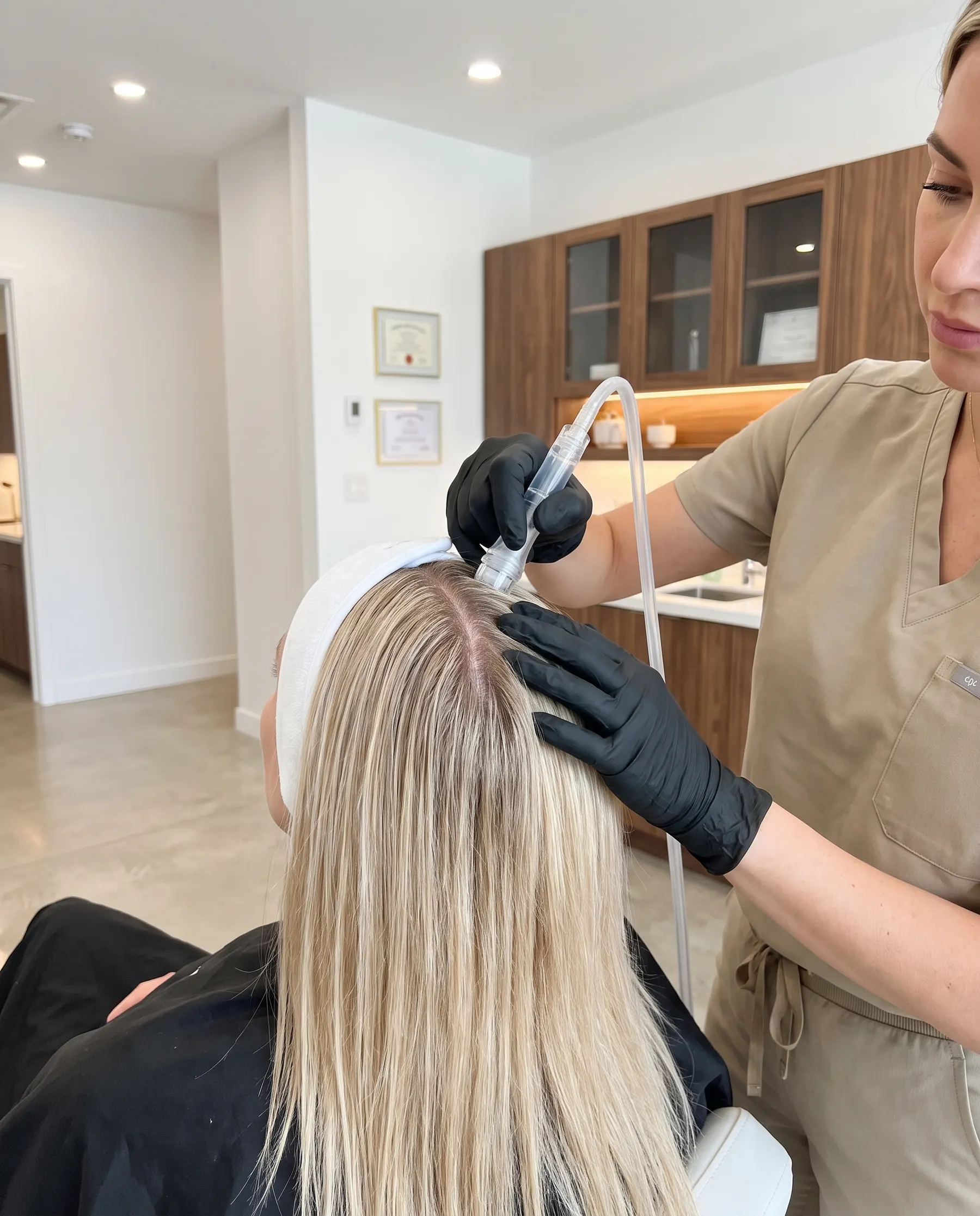 A vortex tip drawn along a part in the scalp