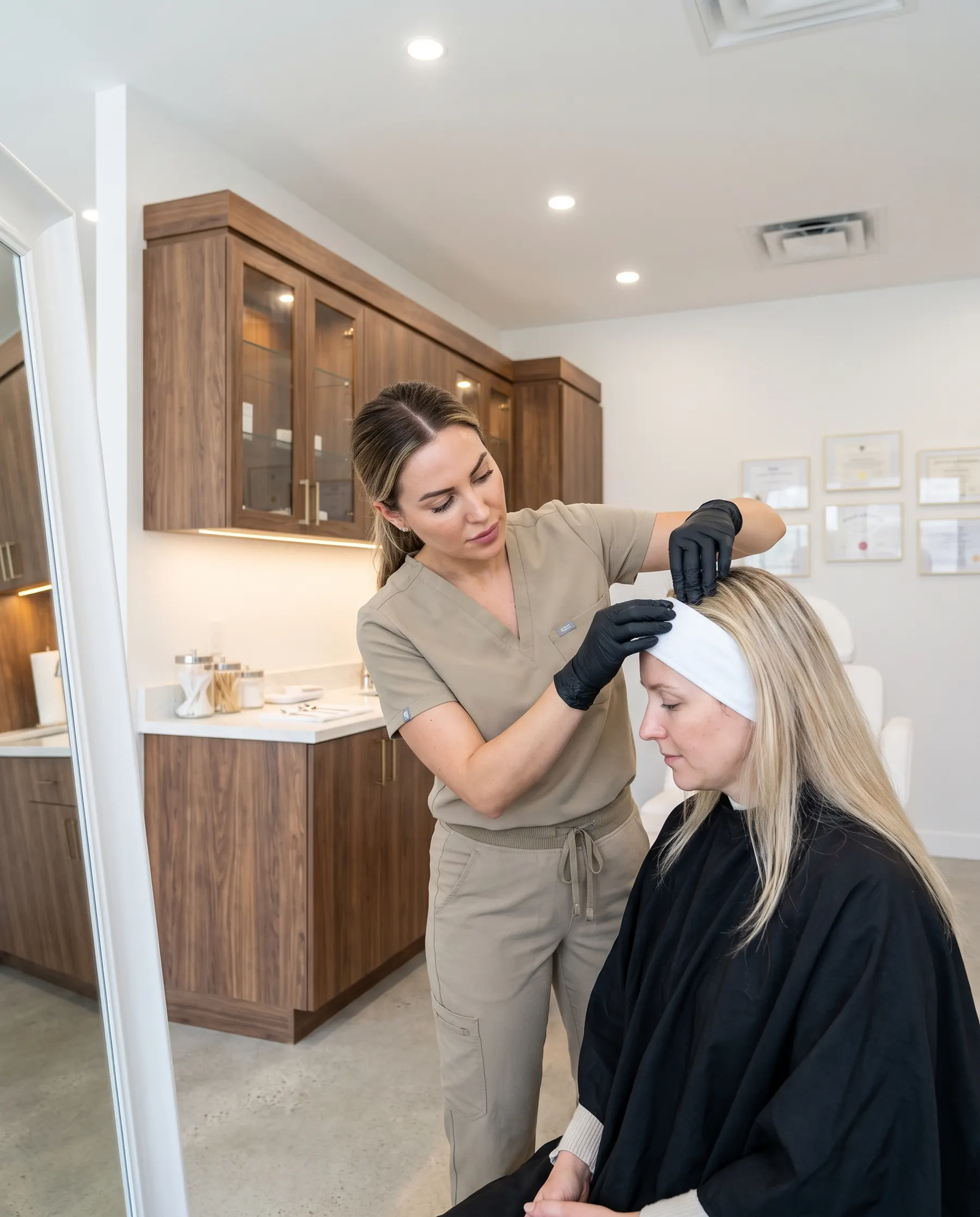 The esthetician parting the hair to look, the client seated