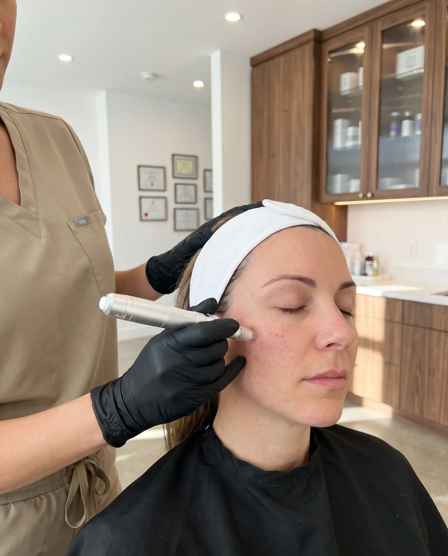 The microneedling pen in contact with the skin, close framing
