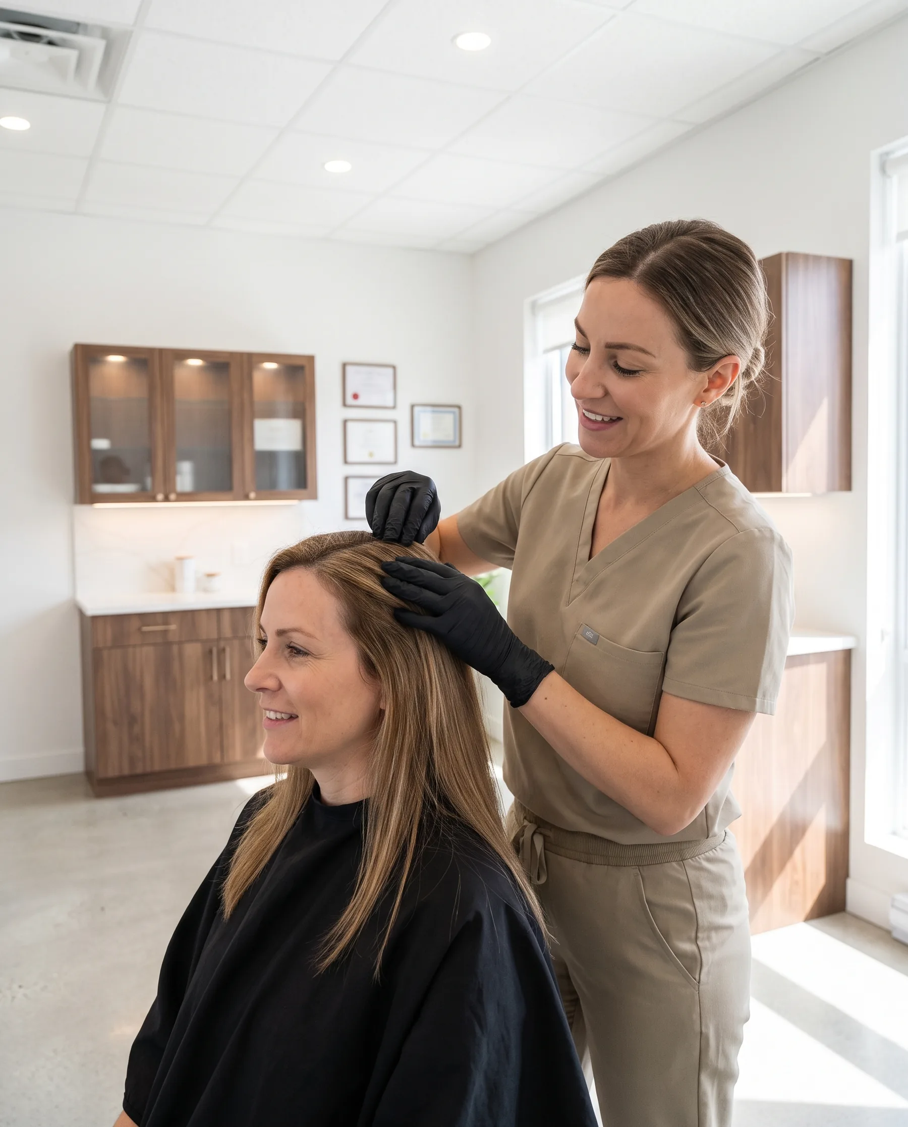 Esthéticienne qui écarte les cheveux pour regarder le cuir chevelu, cliente assise