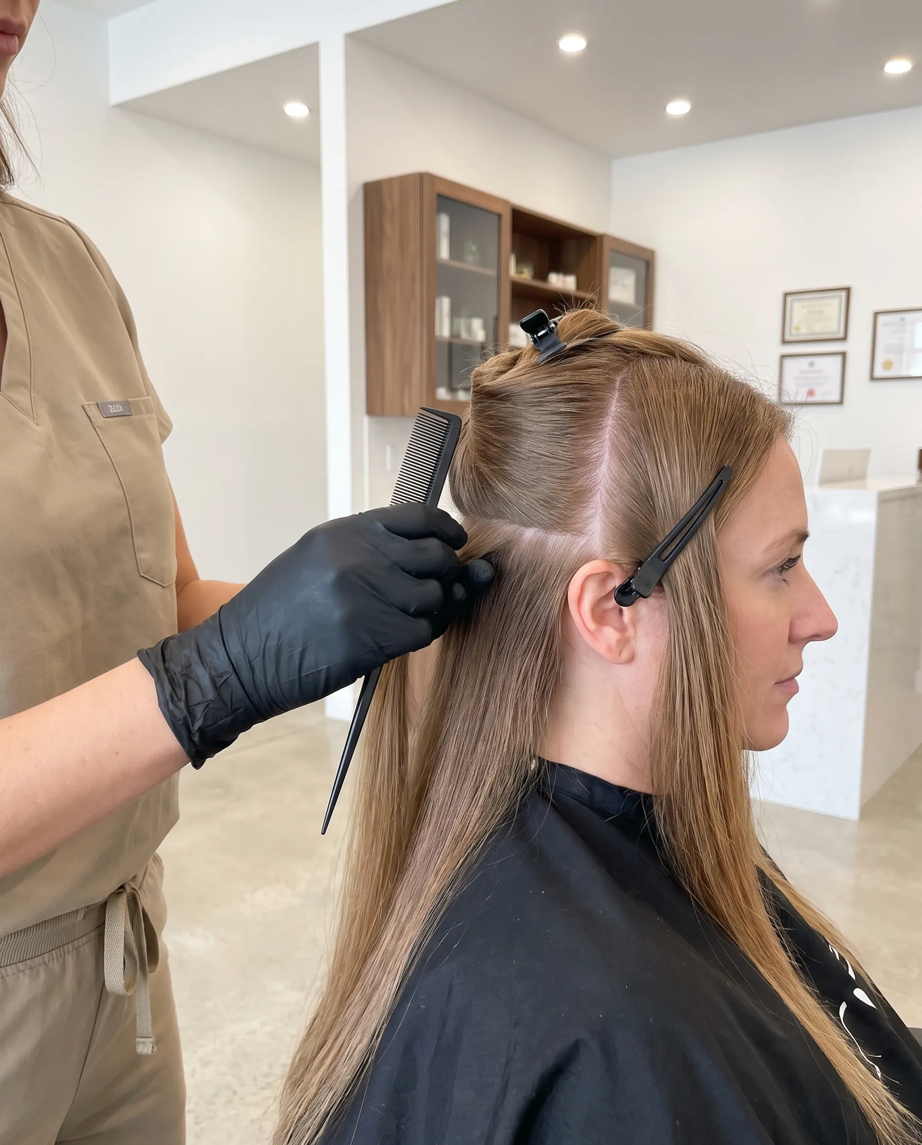 Hair divided into partings with a comb, black-gloved hands