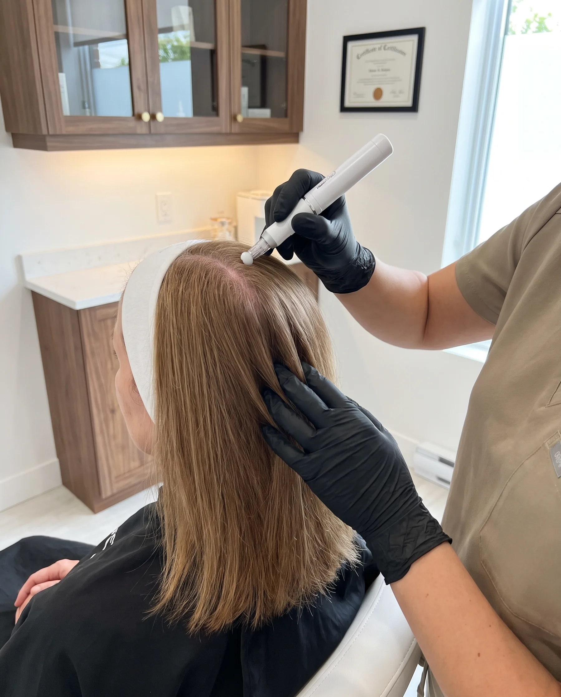 The microneedling pen along a scalp parting, close framing