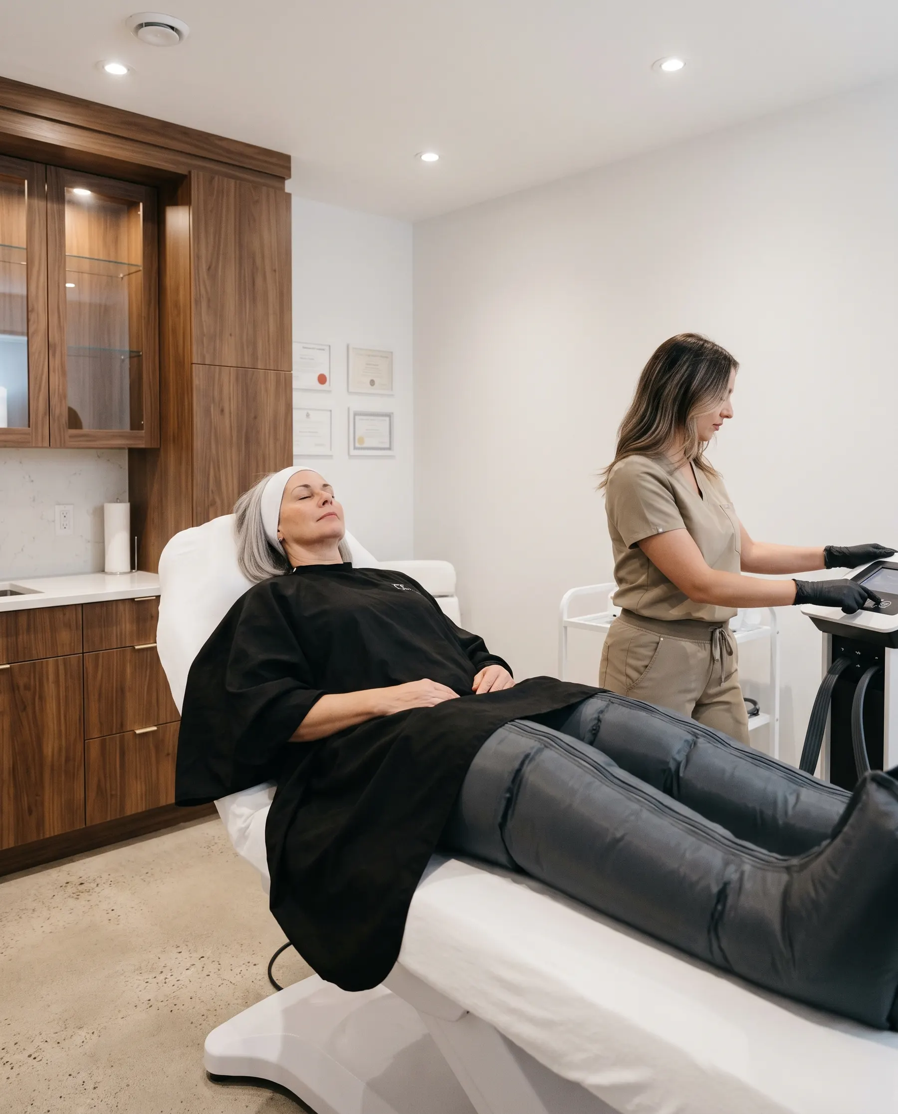 Cliente allongée, yeux fermés, bottes gonflées, lumière tamisée
