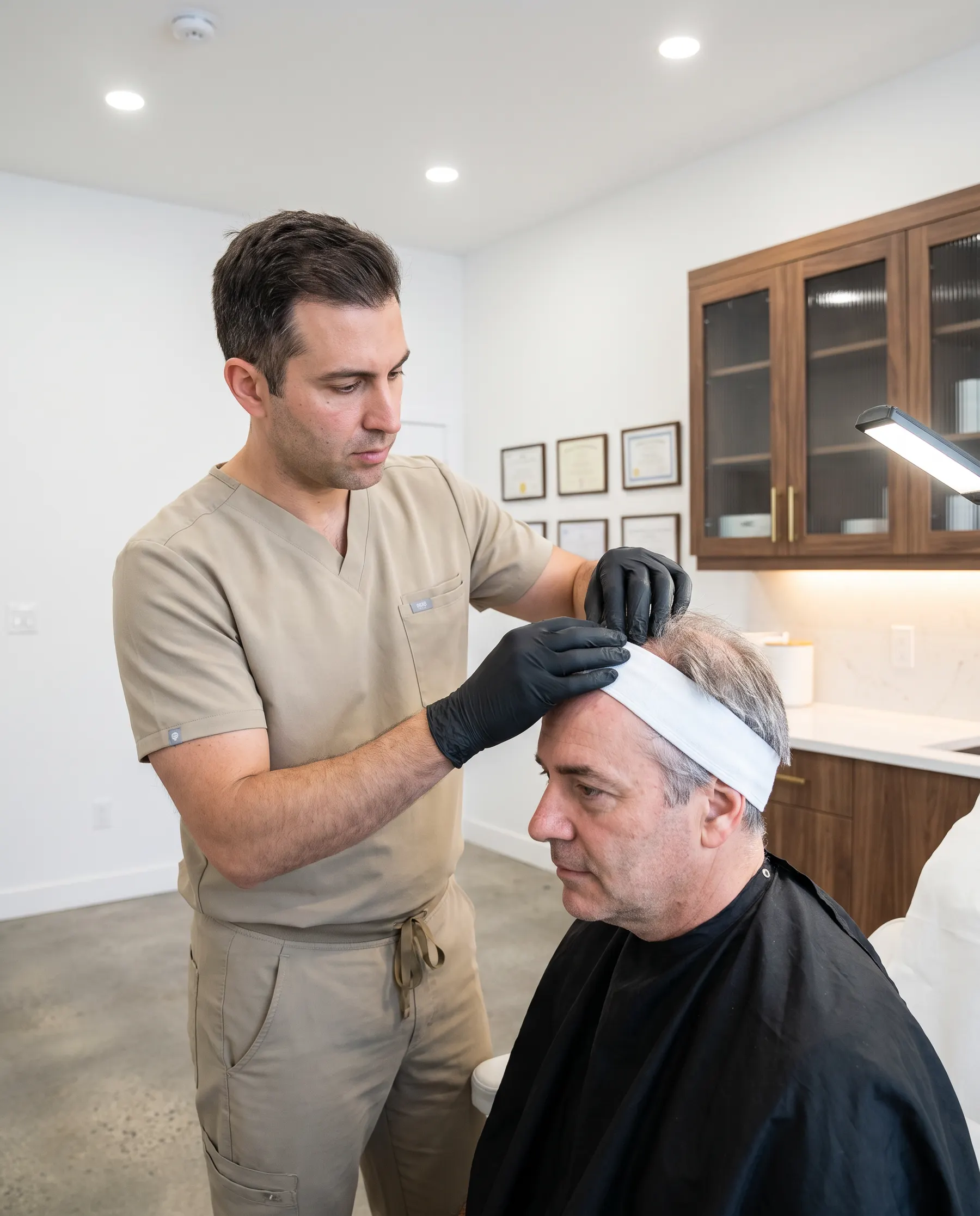 The scalp examined, hair parted by hand