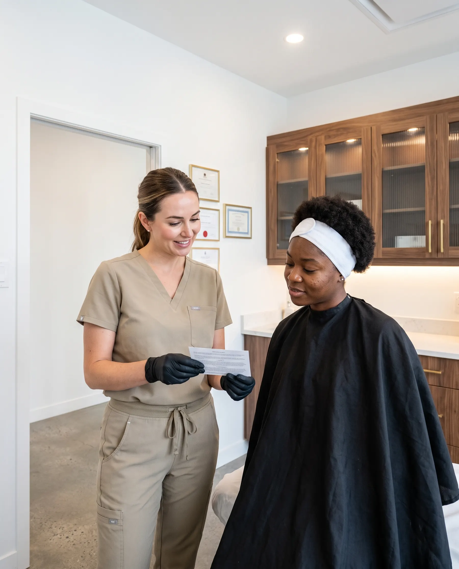 Client and esthetician talking at the end of a visit
