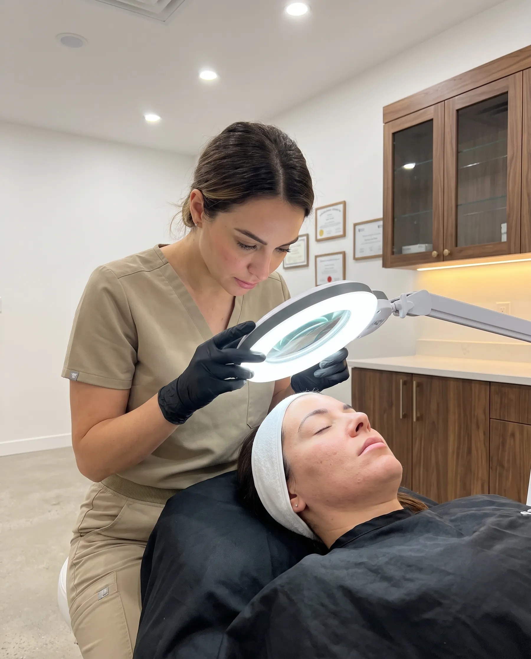 The esthetician looking at a cheekbone under the magnifying lamp