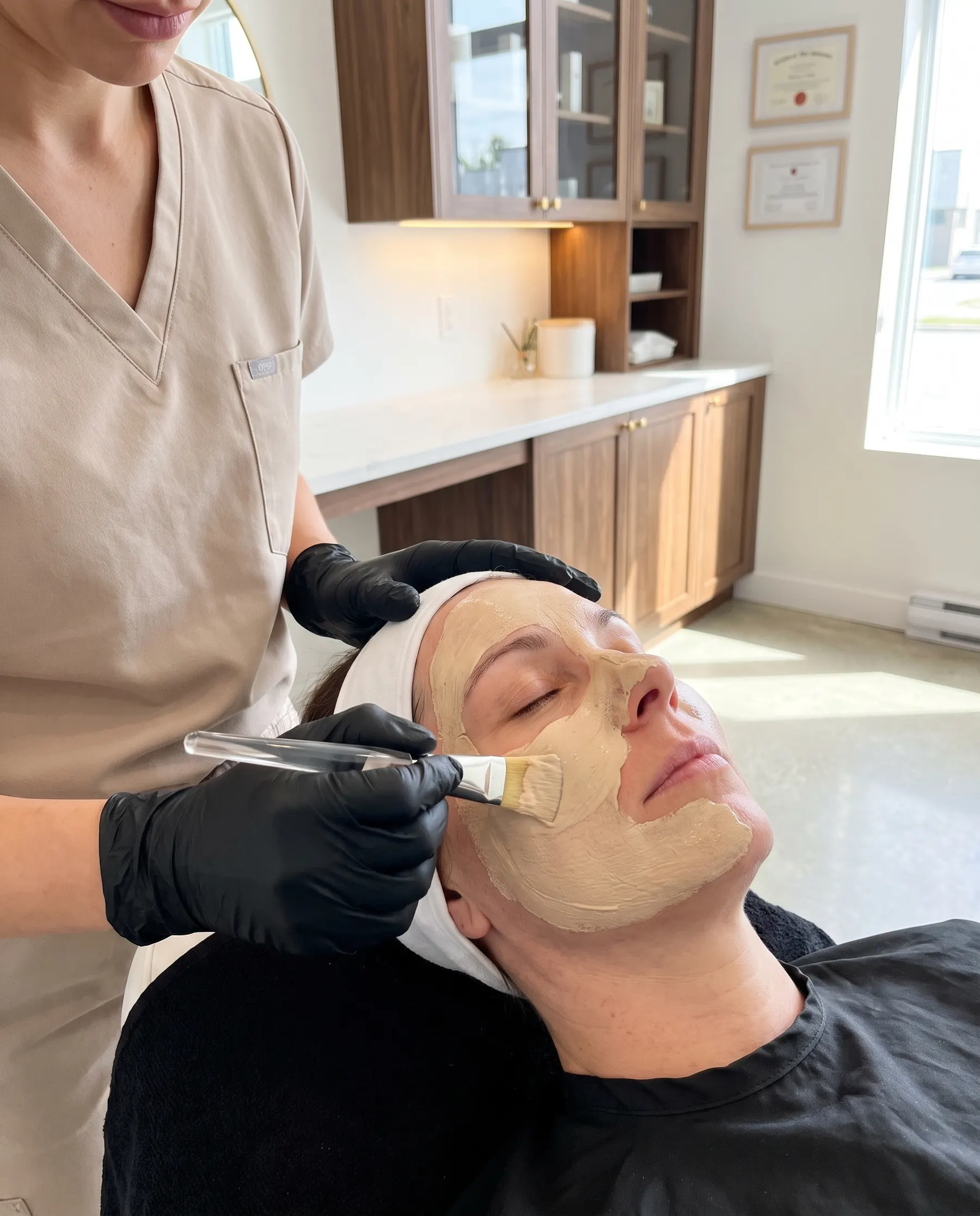 A mask spread over the face, then a mirror held out to the client