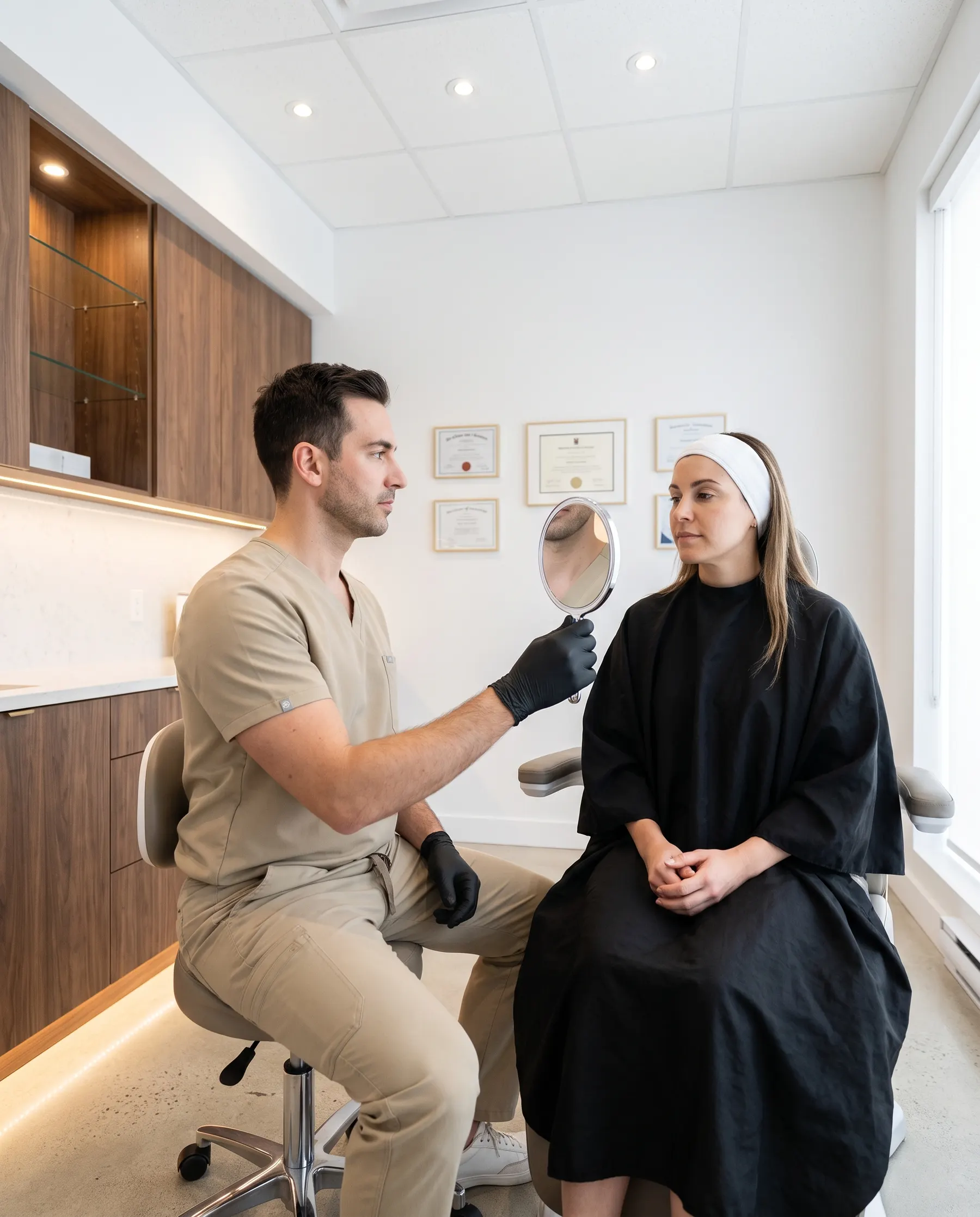 The physician assessing someone's skin, the person seated