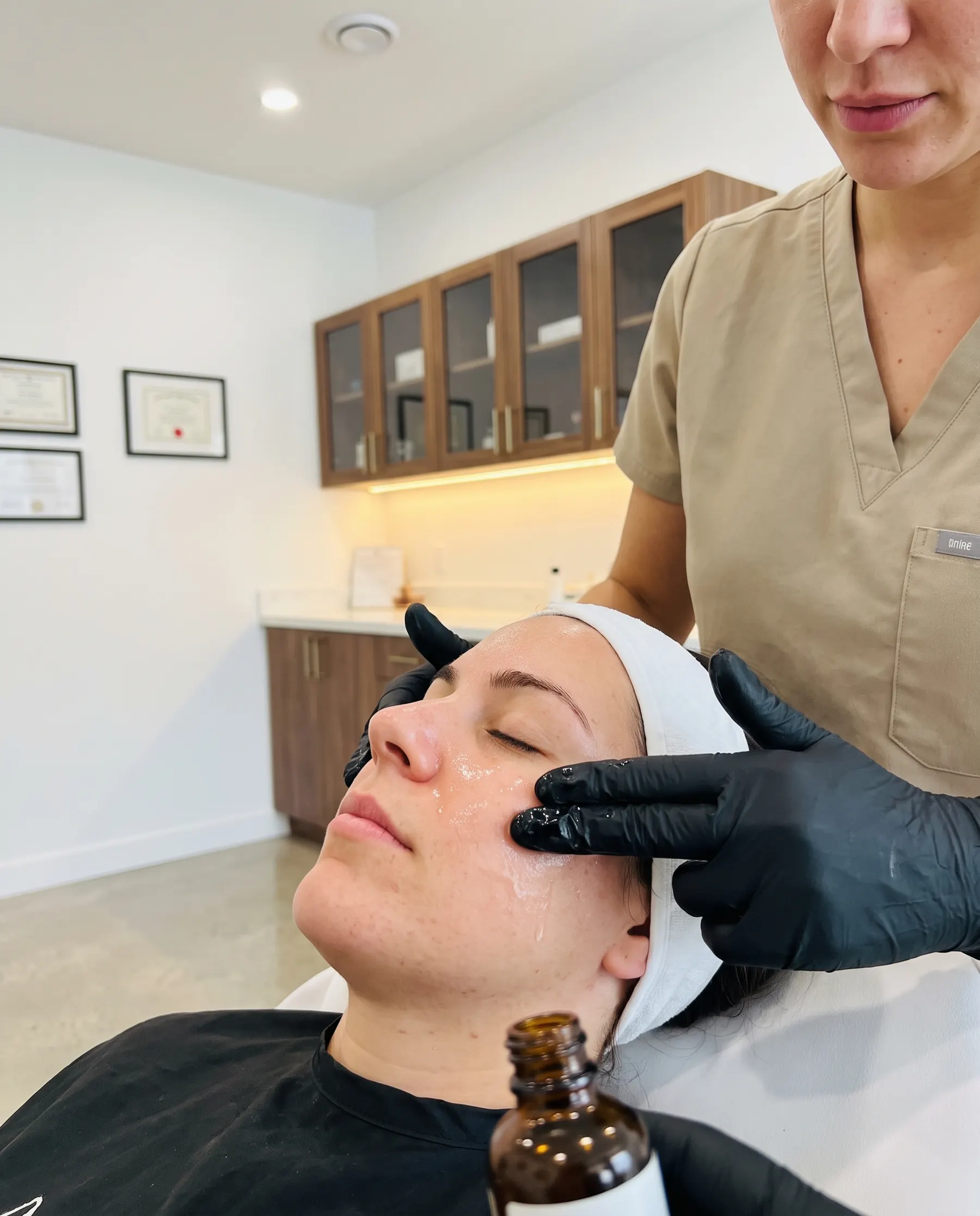 Serum applied, gloved hands, the product in view