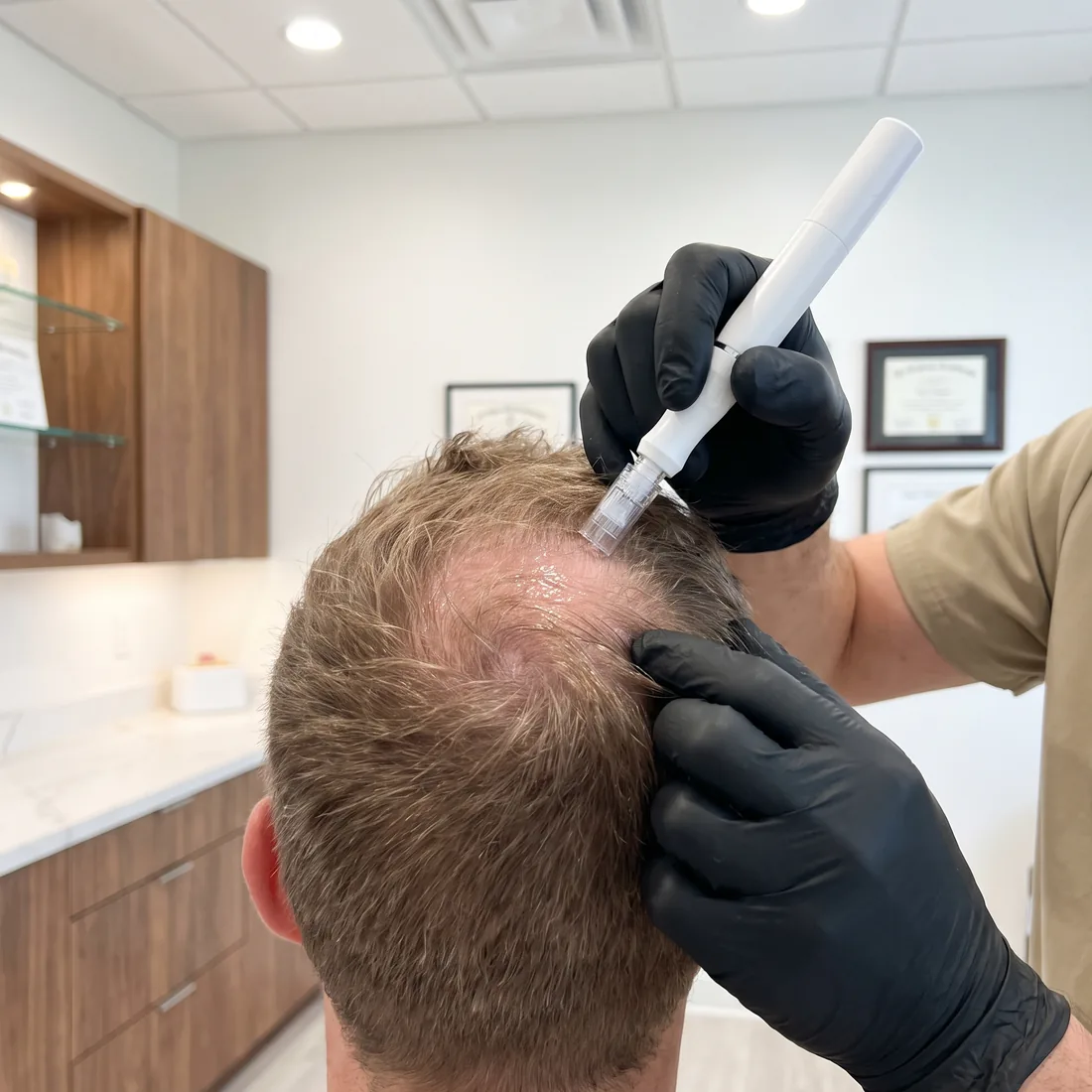 Embout du stylo à micro-aiguilles sur la couronne d'un homme, sérum visible sur le cuir chevelu
