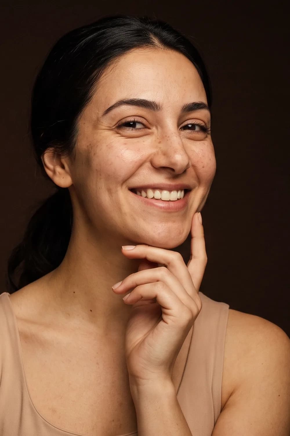 A smiling woman, hand at her chin