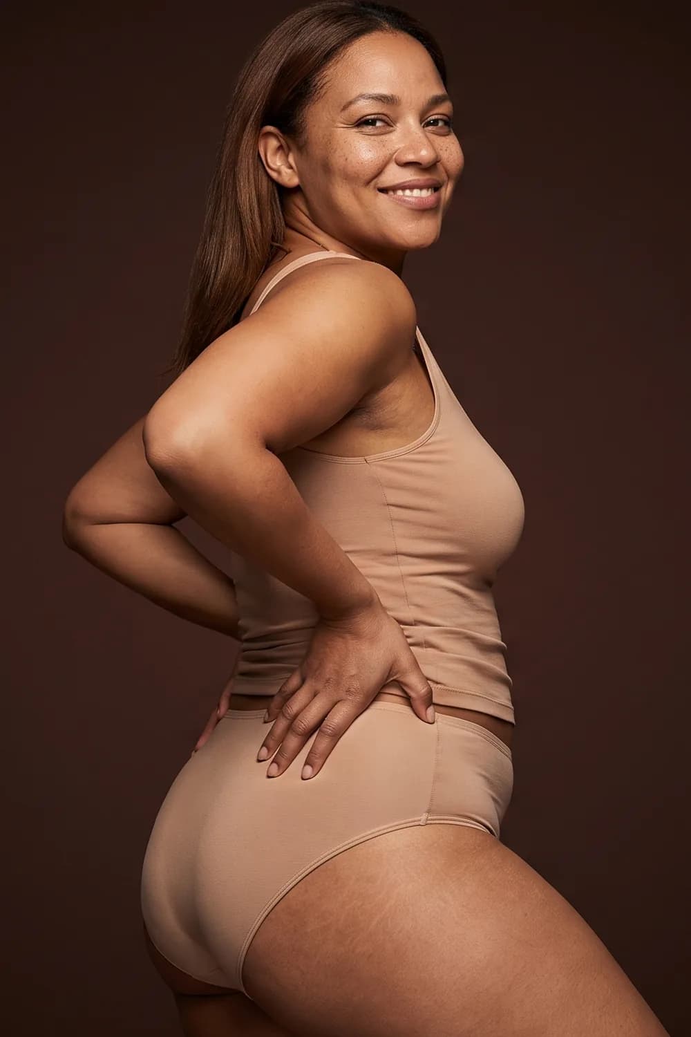 Femme debout, de trois quarts, souriante