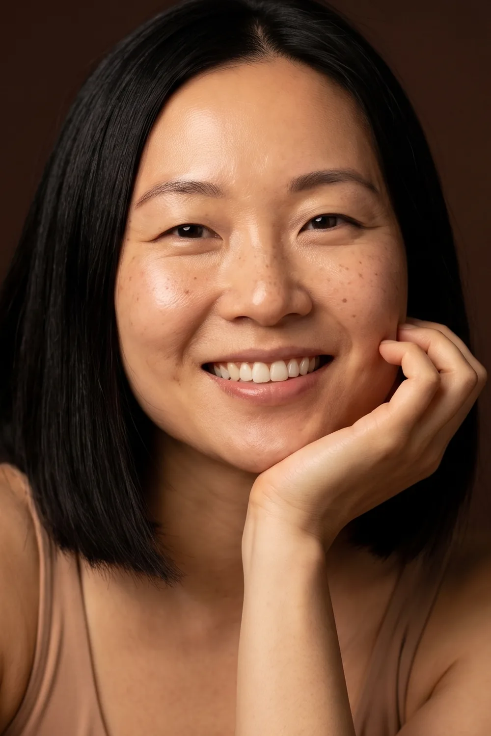 Femme aux cheveux noirs, sourire franc