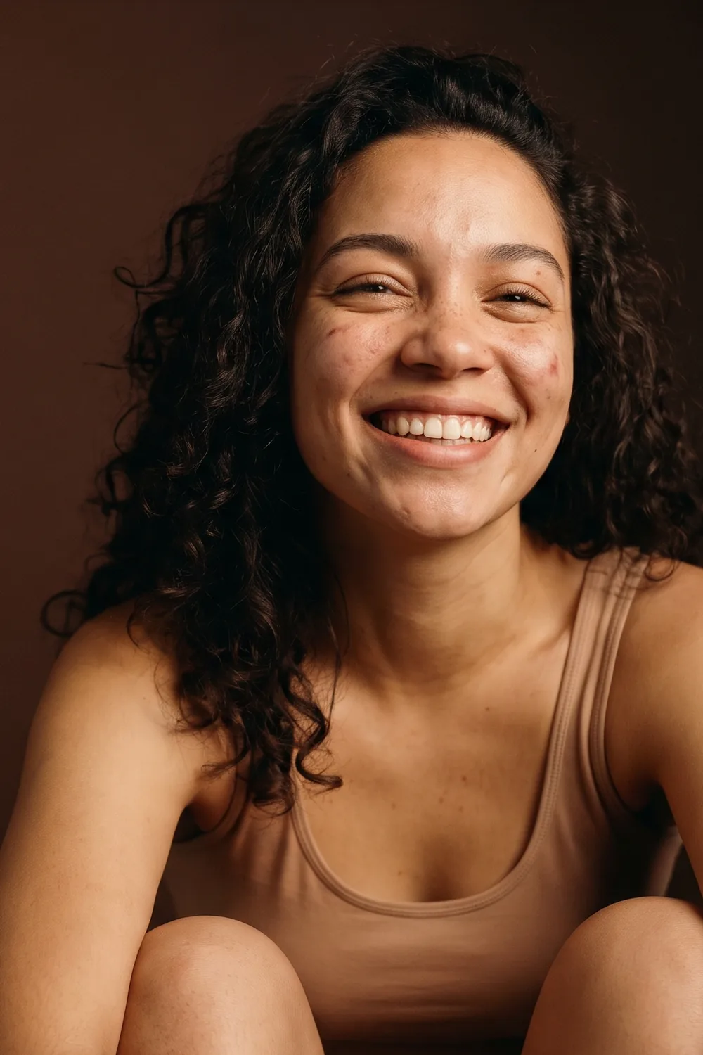 Femme aux cheveux bouclés, grand sourire