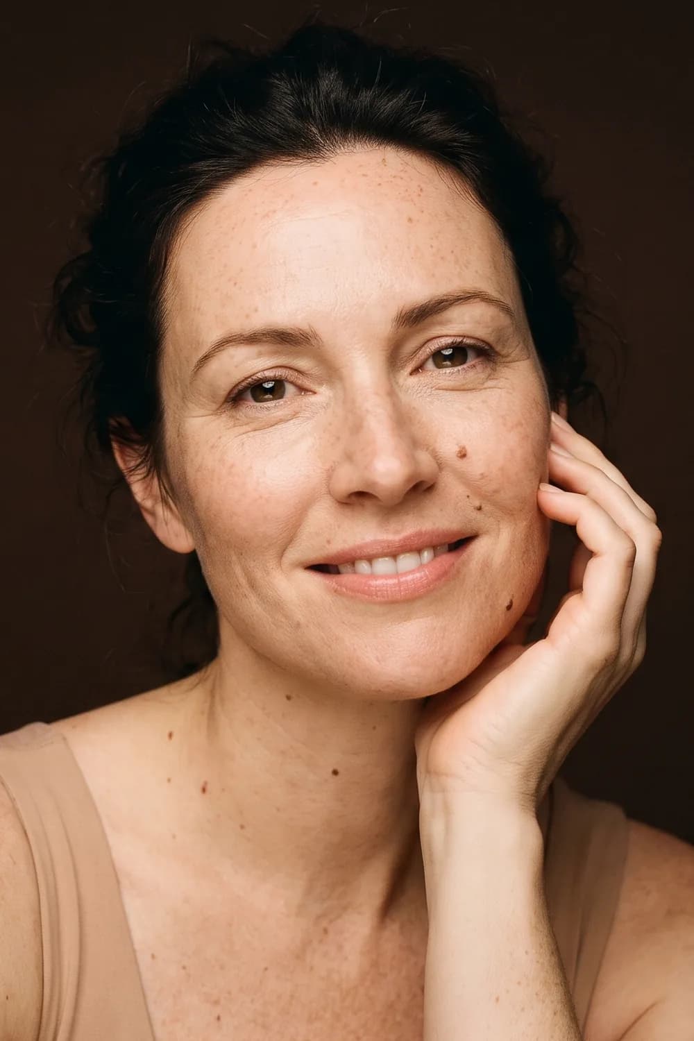 A smiling woman, hand under her chin