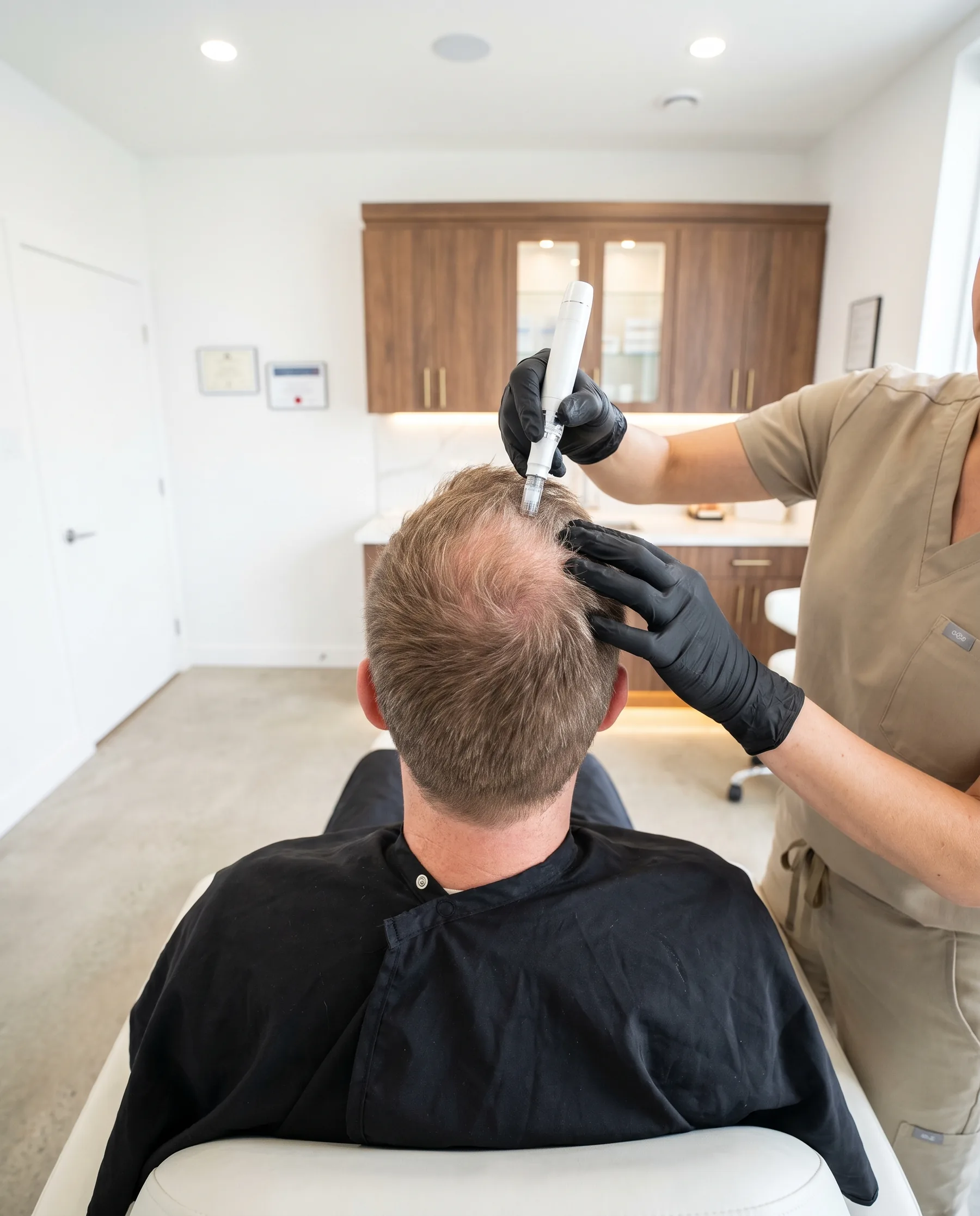 Stylo à micro-aiguilles sur la couronne d'un homme aux cheveux courts