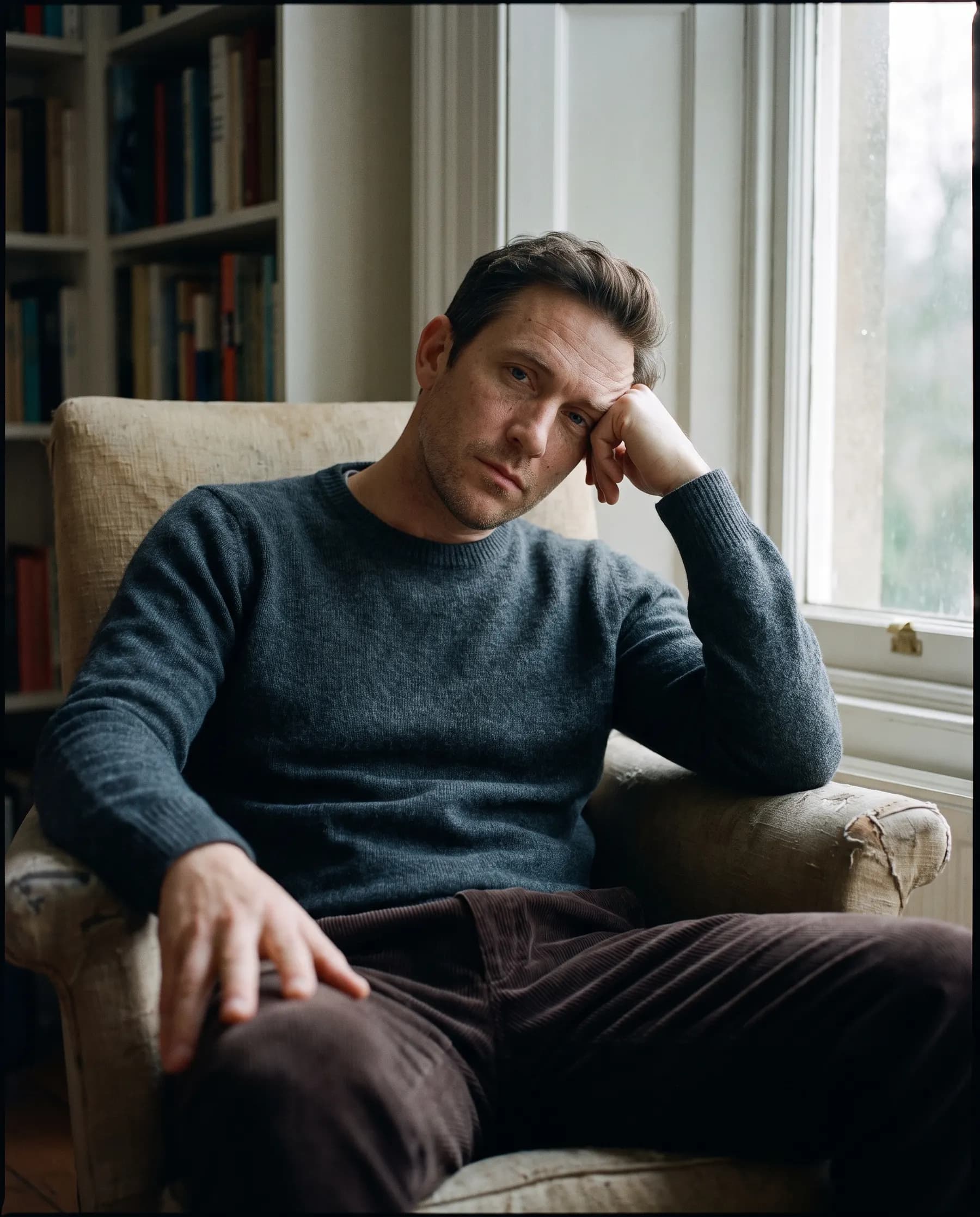 A man sitting by a window, forehead resting on his hand