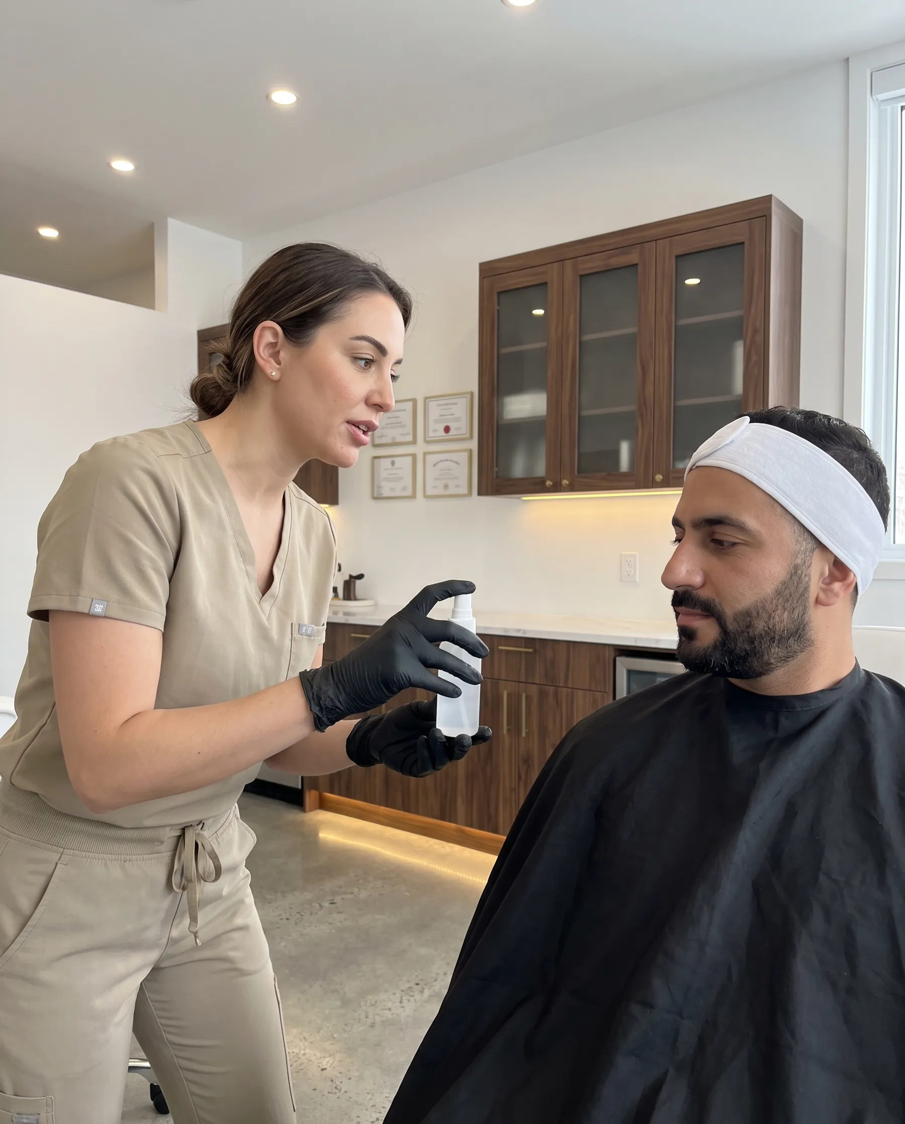 An aesthetician handing a spray bottle to a man and explaining it