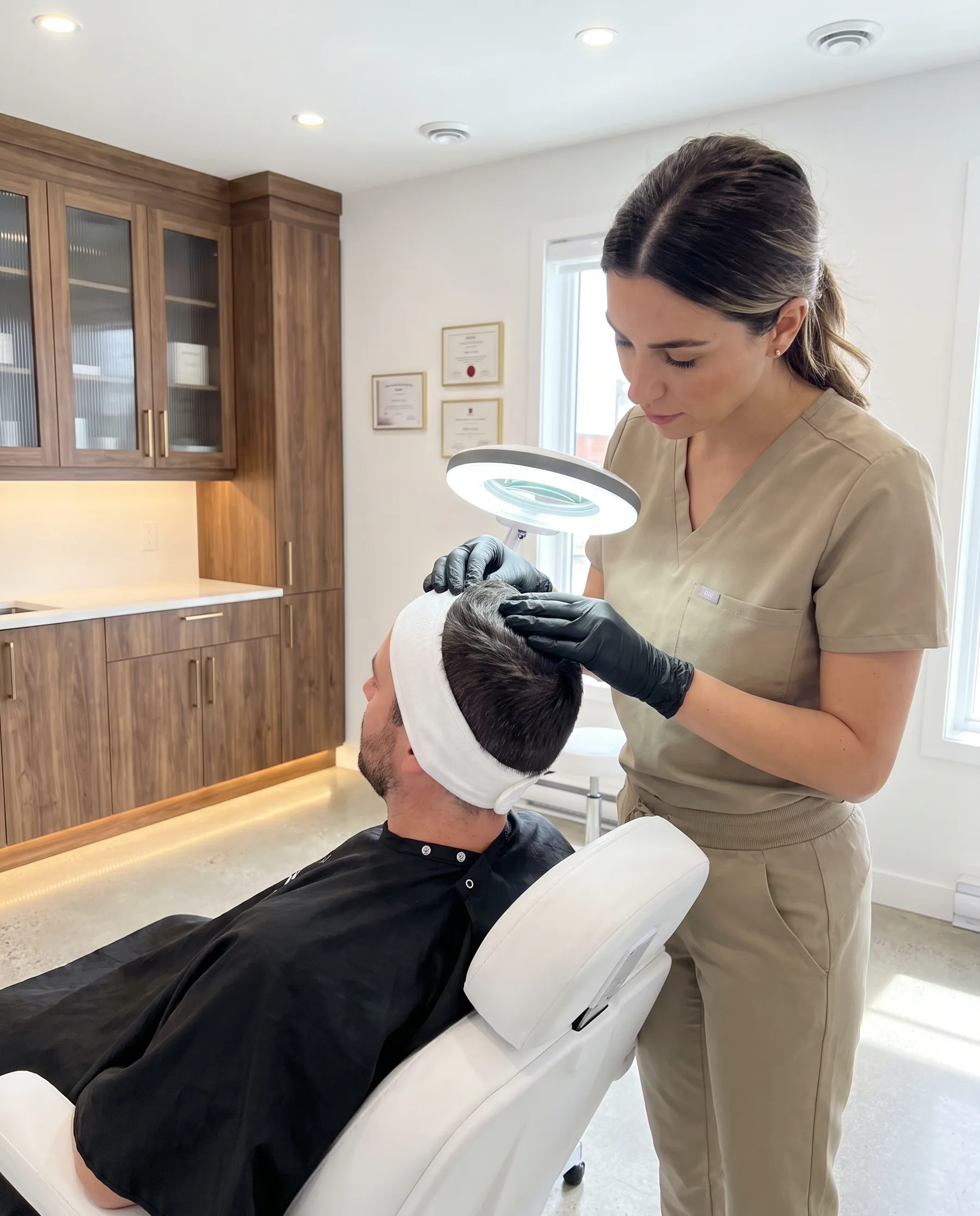 An aesthetician examining a man's scalp under the loupe