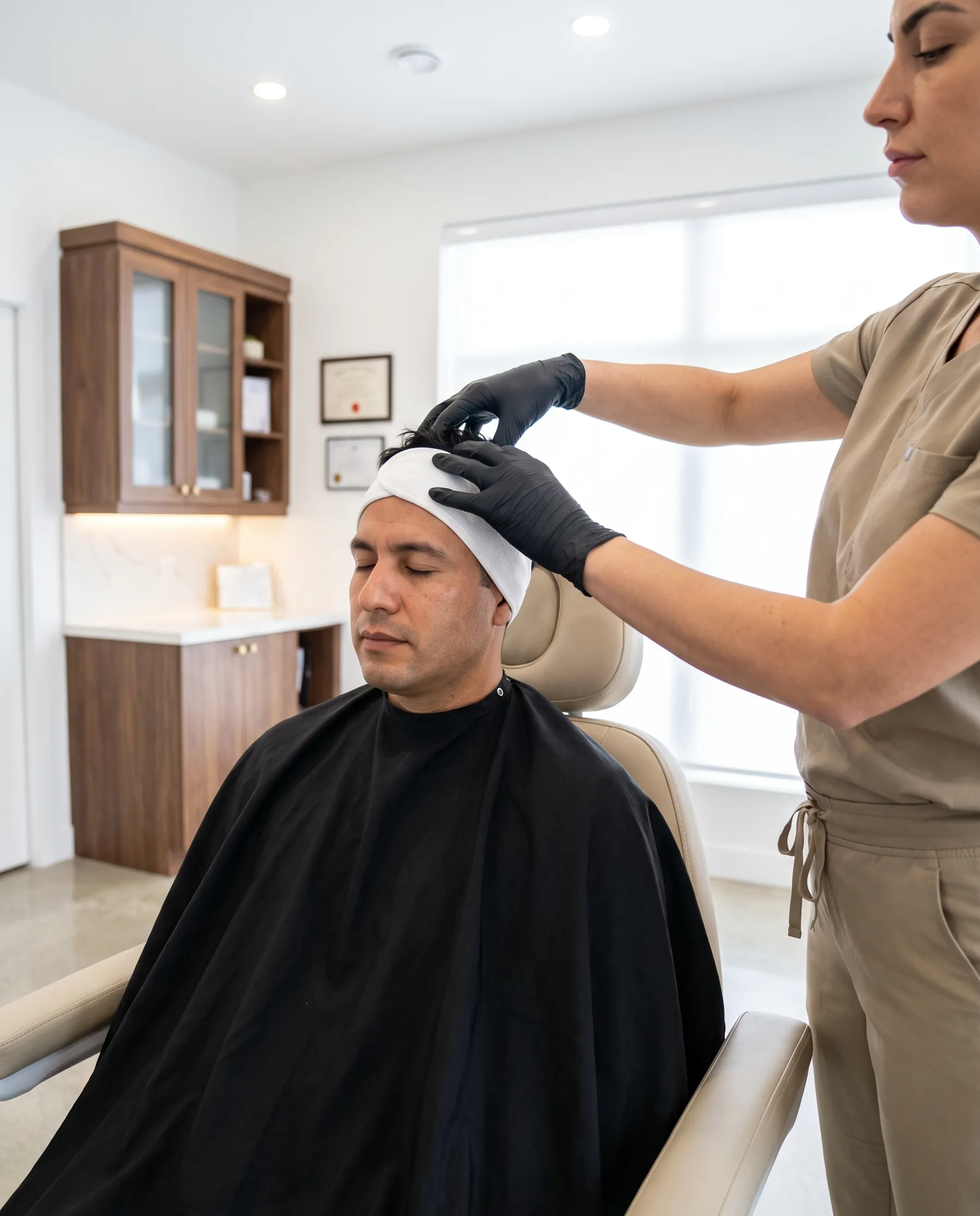 A two-handed scalp massage on a seated man