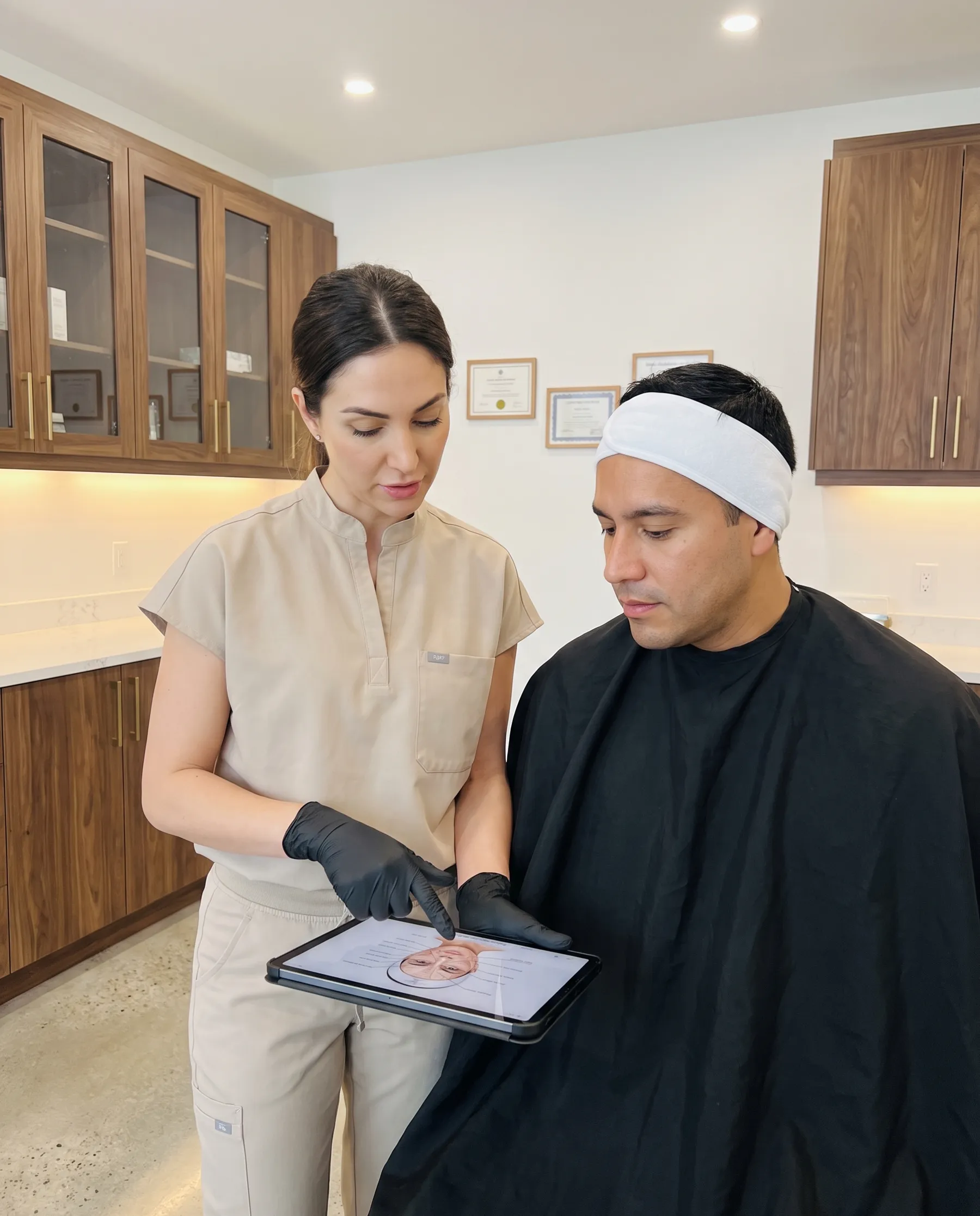A practitioner and a man looking together at the areas to treat