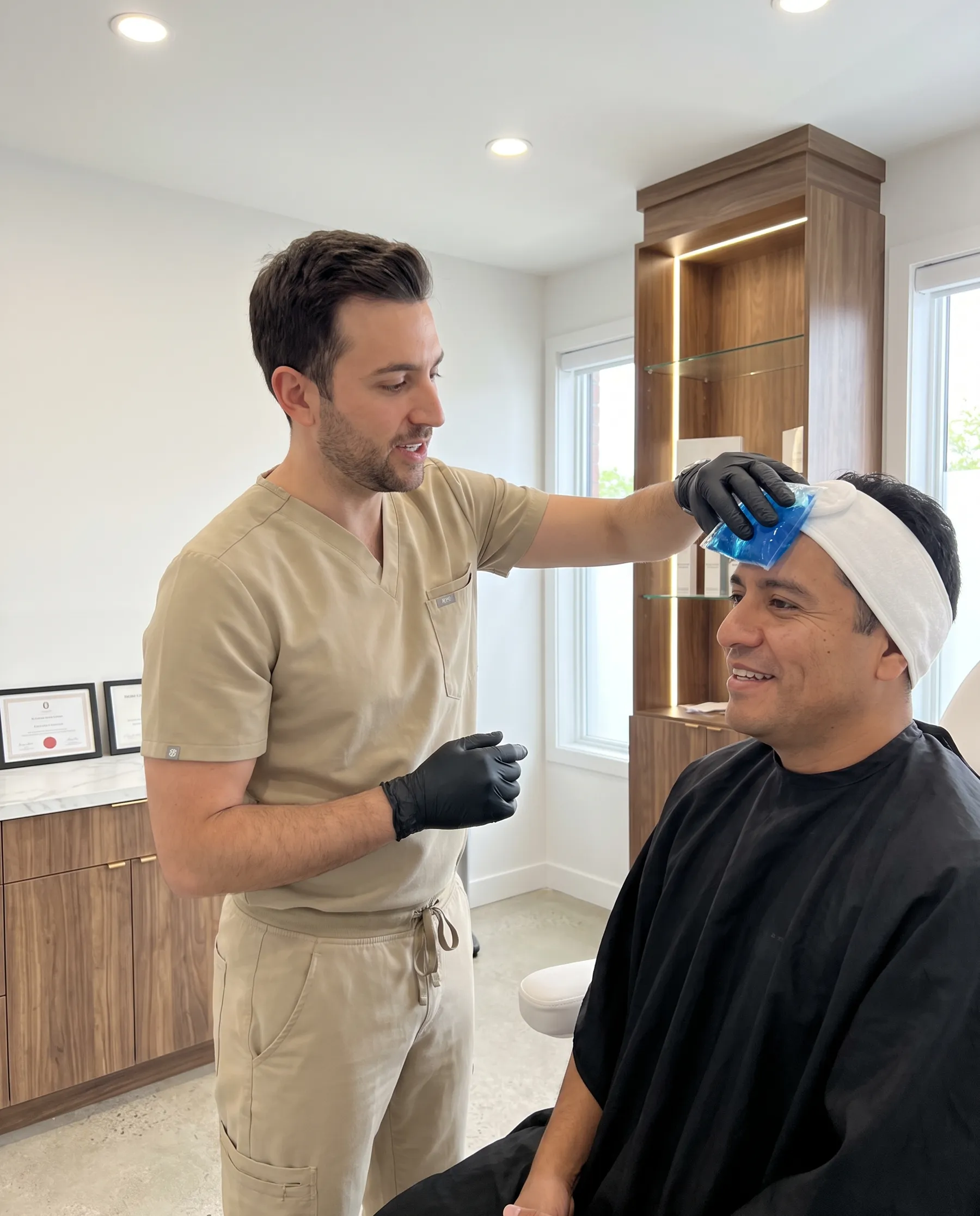 A physician holding a cold compress to a man's forehead