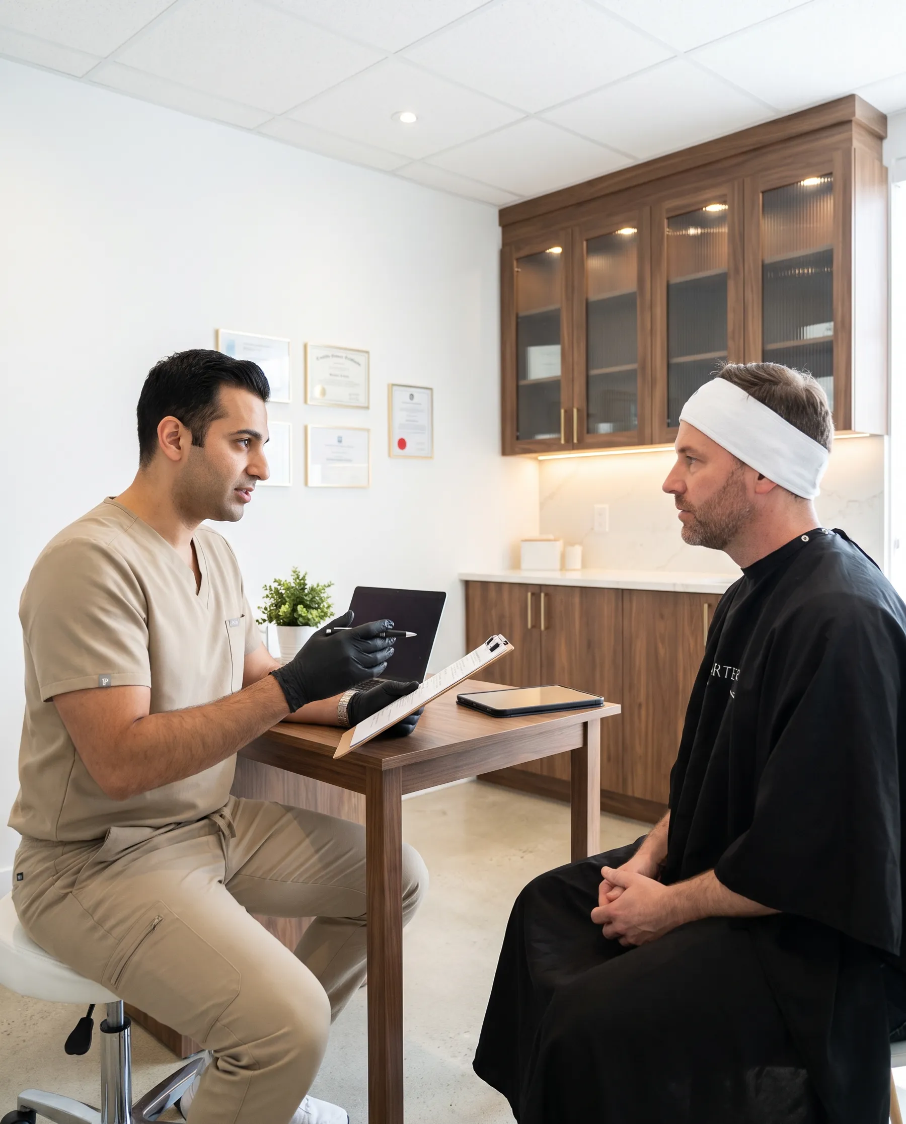 A physician and a man in consultation, seated face to face