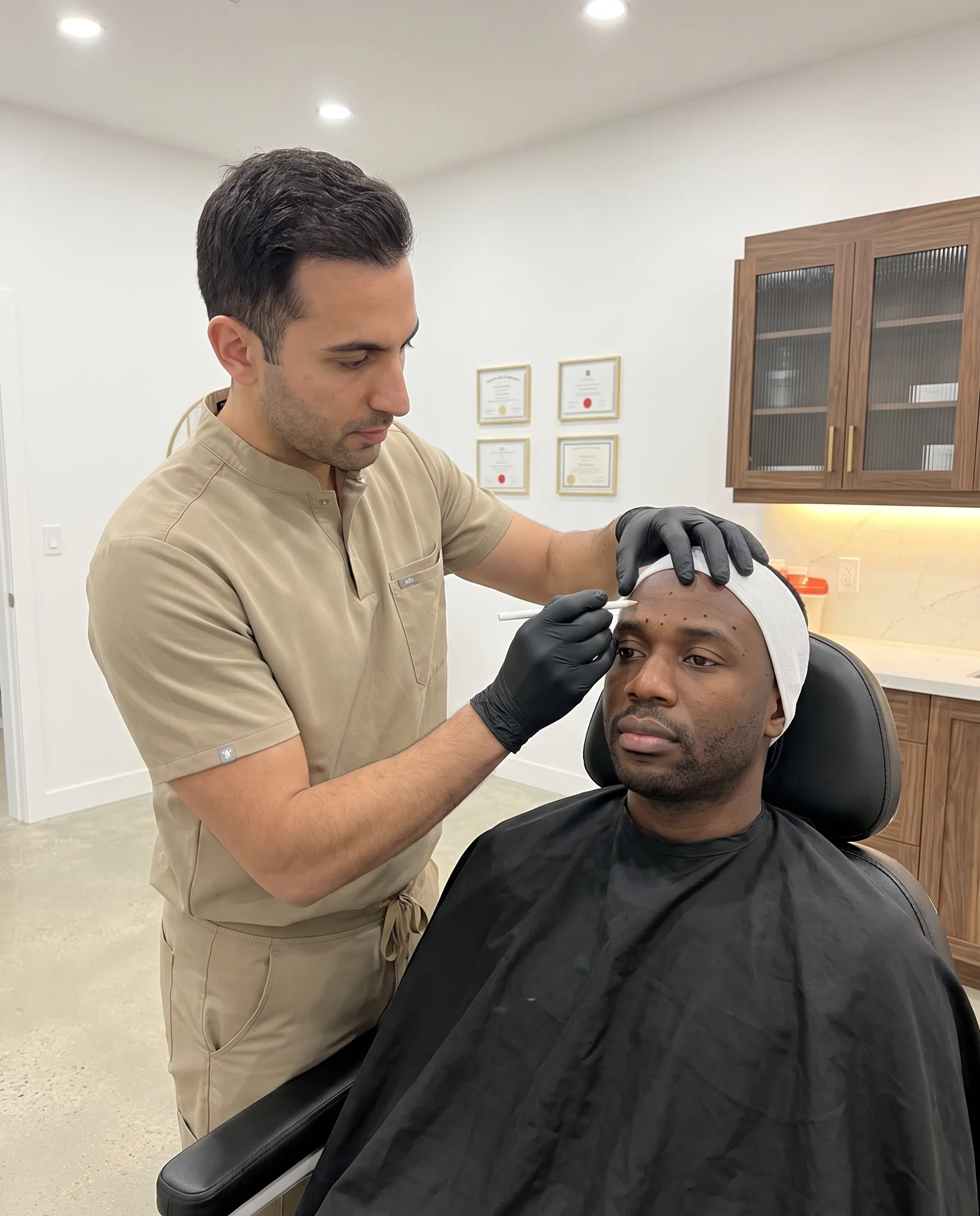 A physician marking reference points on a seated man's forehead
