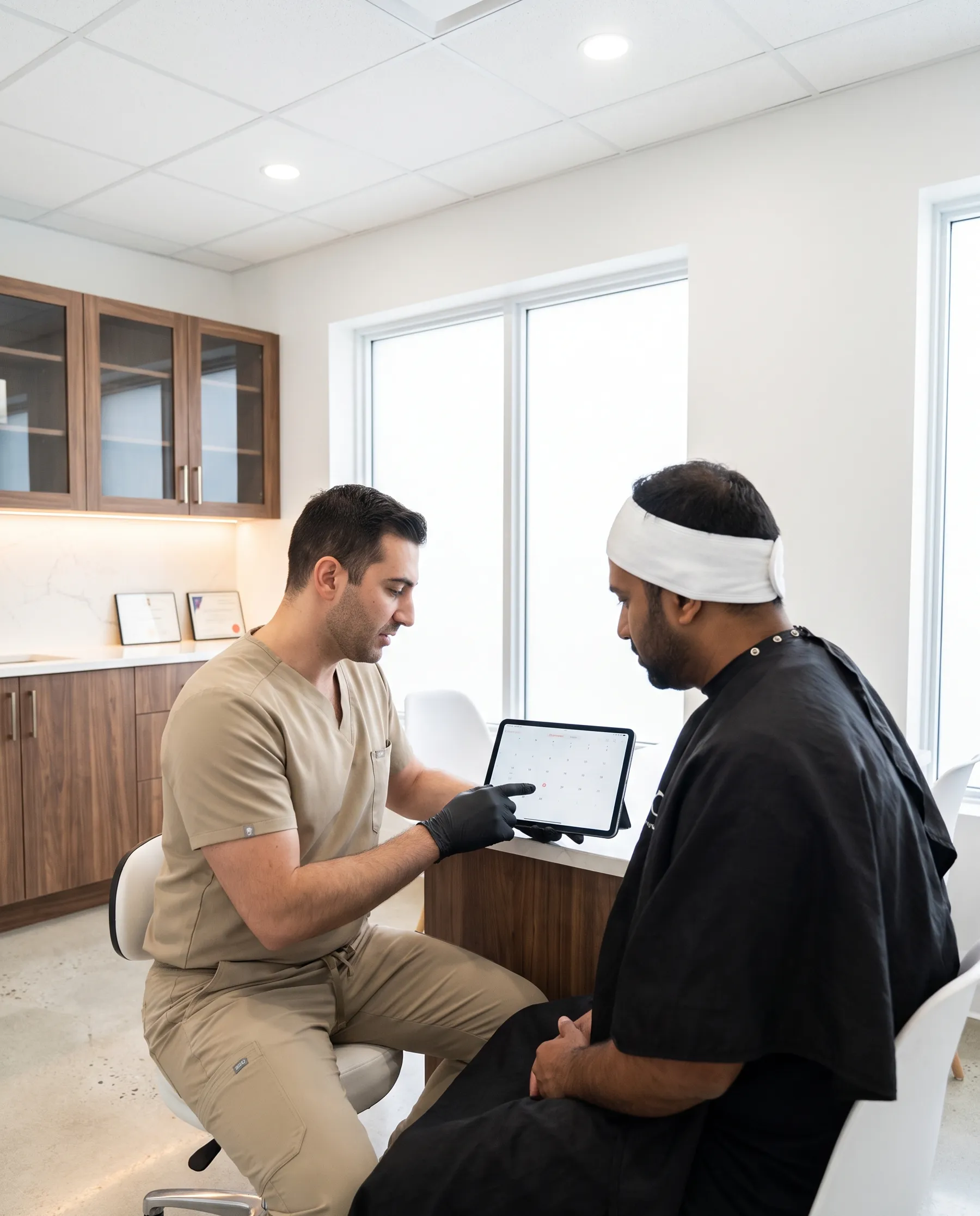 A physician and a man arranging a follow-up appointment