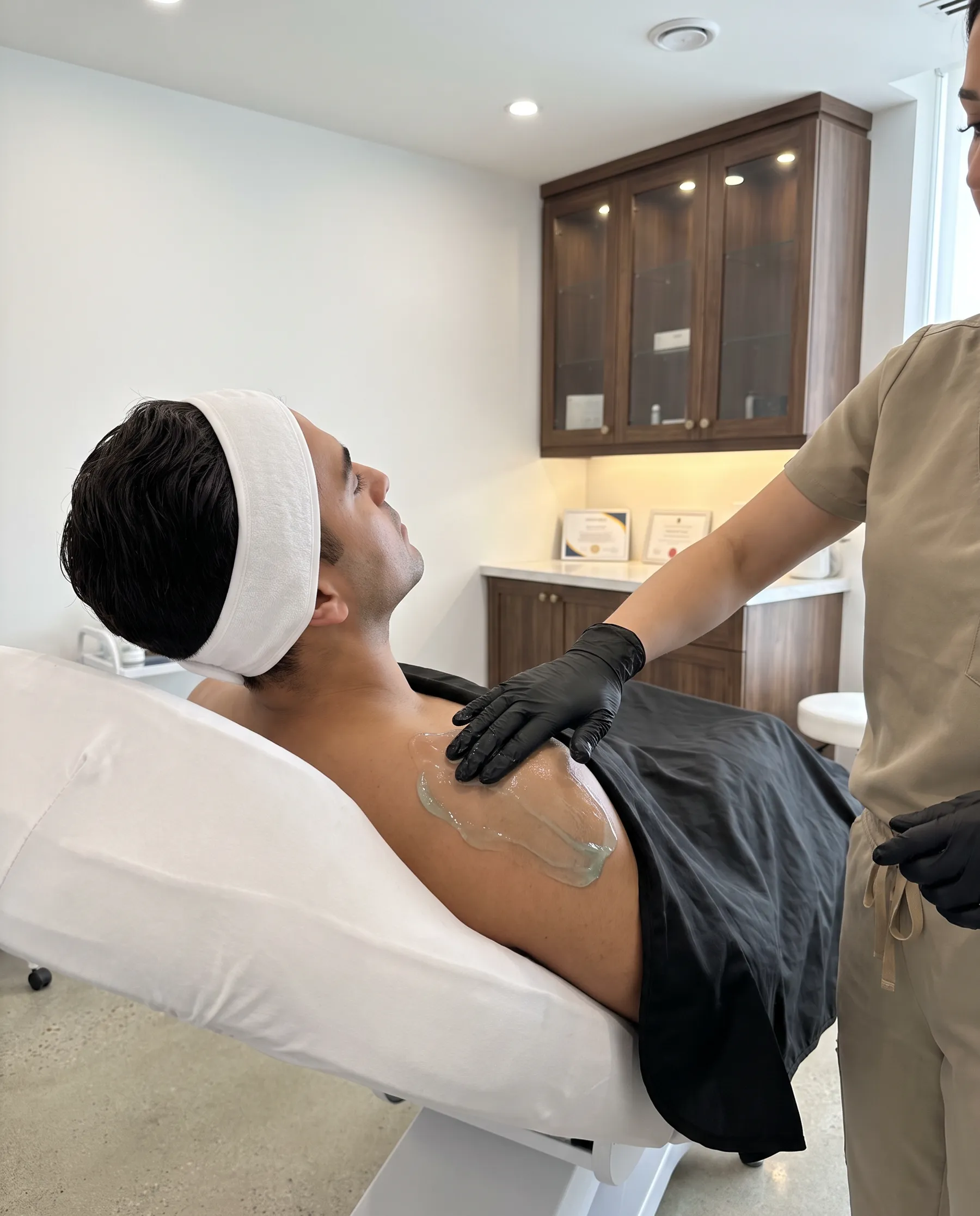 Soothing gel smoothed over a man's treated shoulder