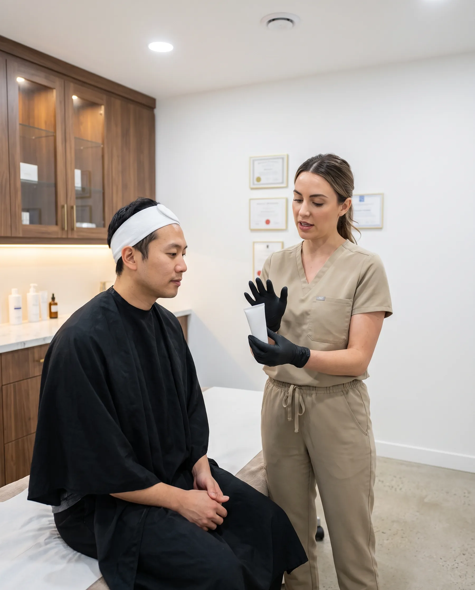 Esthéticienne donnant les consignes à un homme rhabillé
