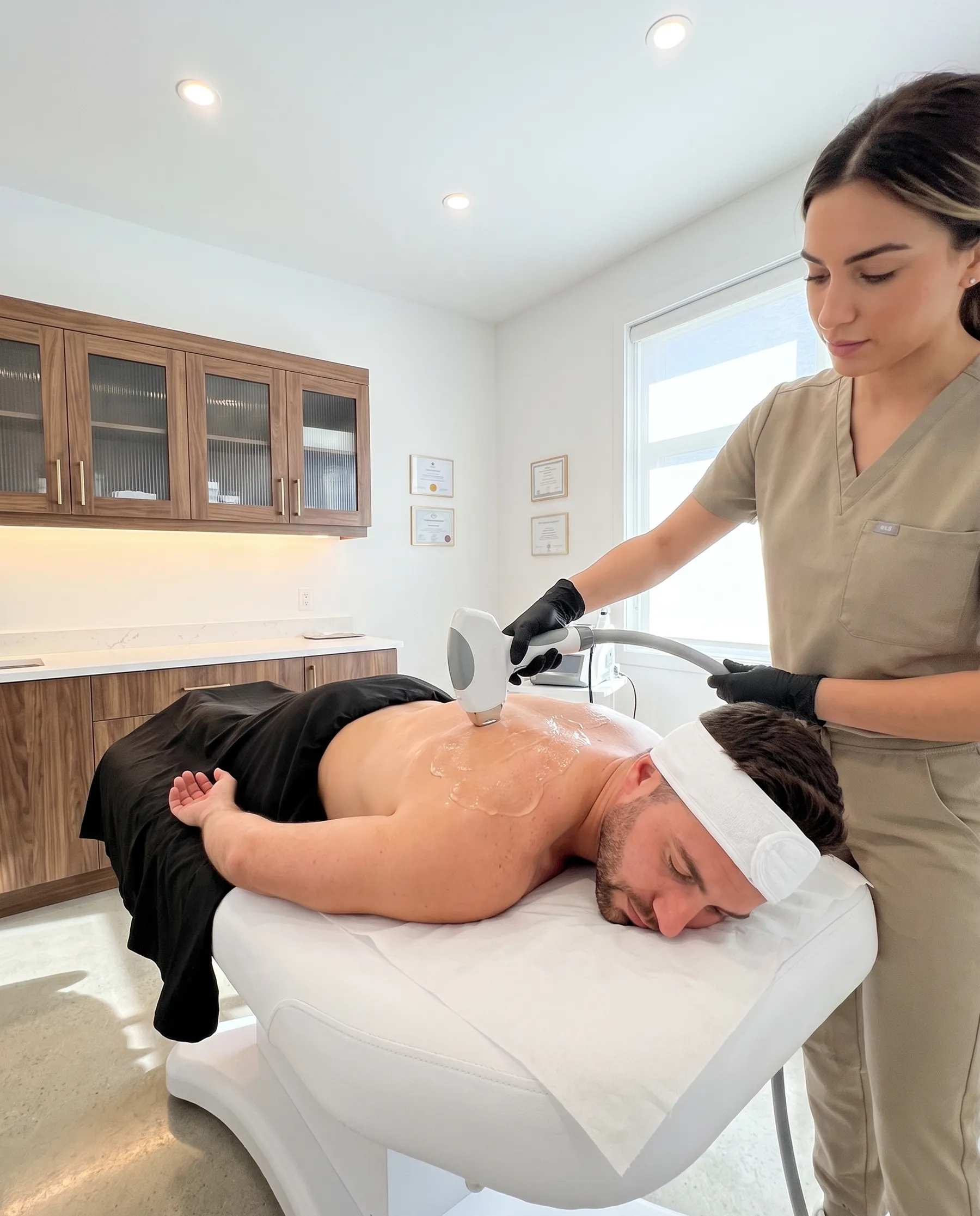 A laser handpiece passed over a man's upper back