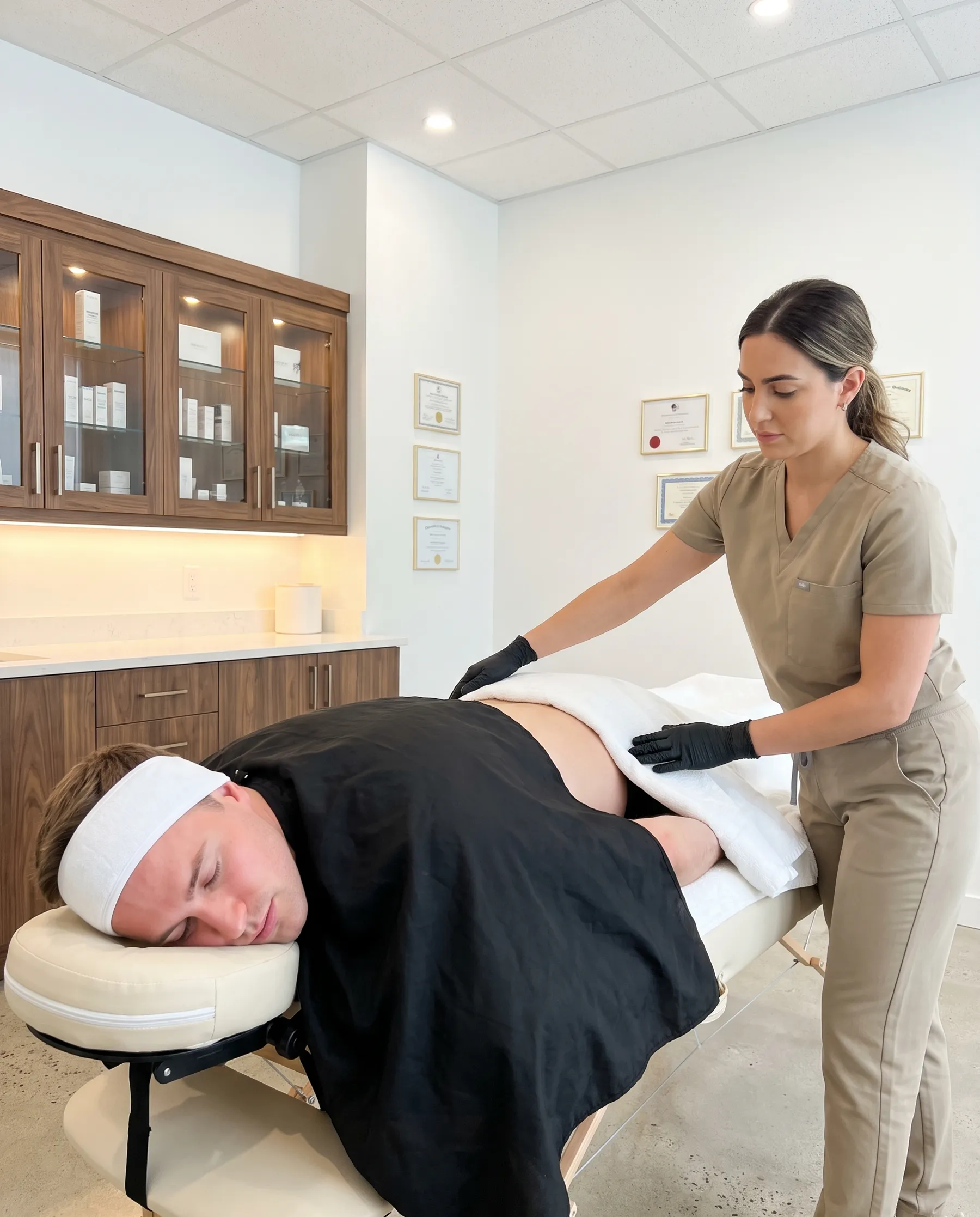 A man settled face down on the table, a towel smoothed over his lower back