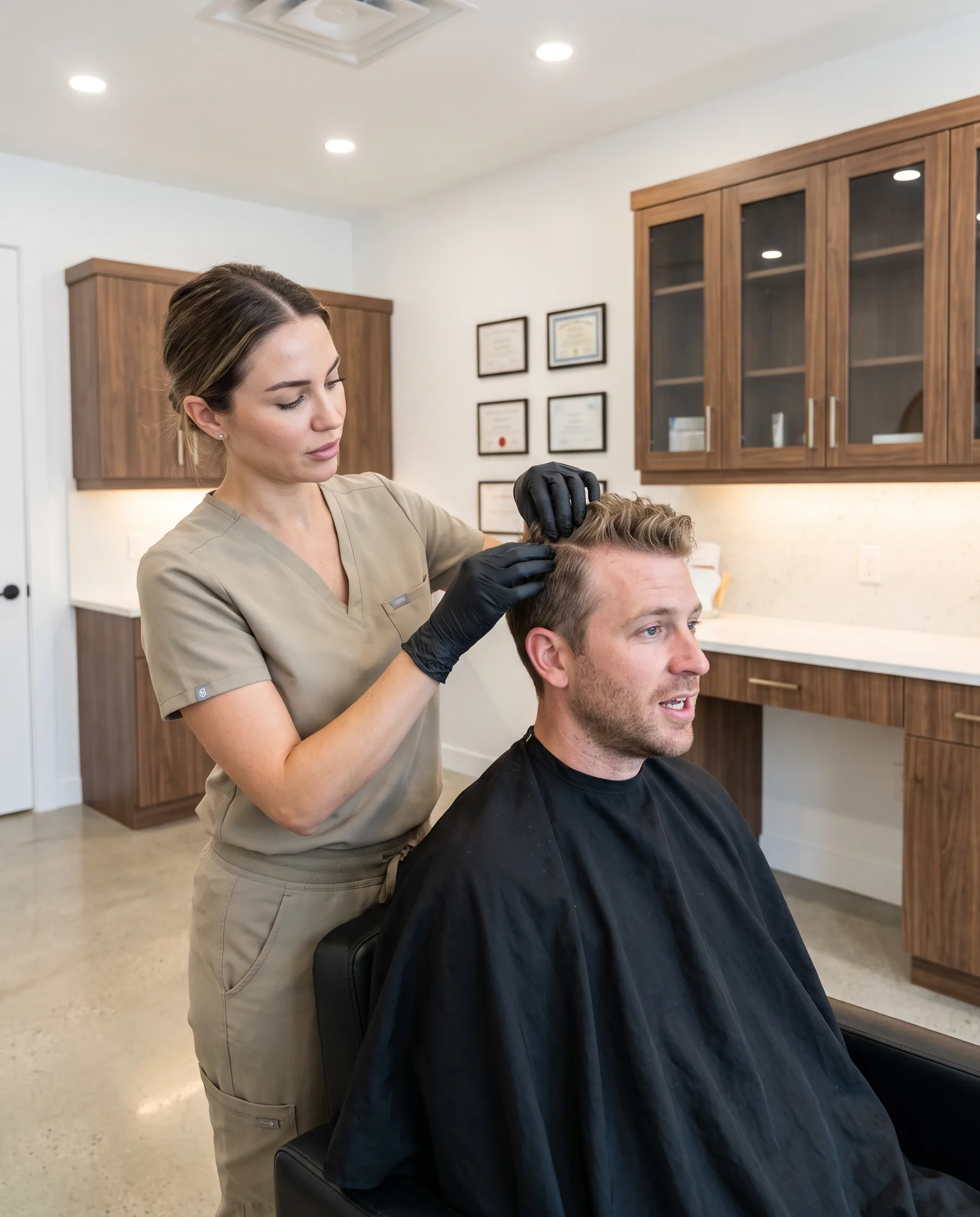 Esthéticienne qui écarte les cheveux courts d'un homme pour regarder sa couronne