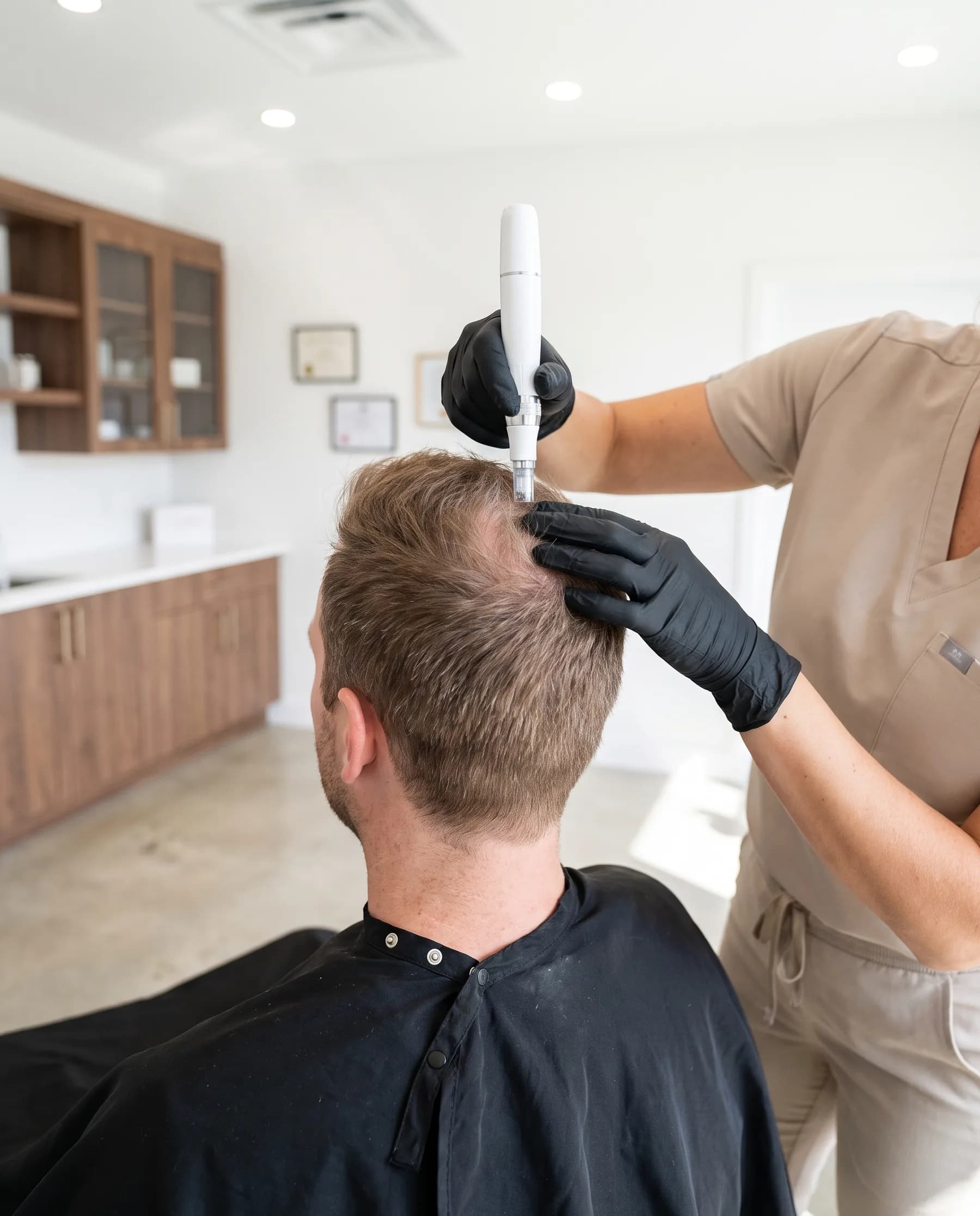 Stylo à micro-aiguilles passé sur la couronne d'un homme