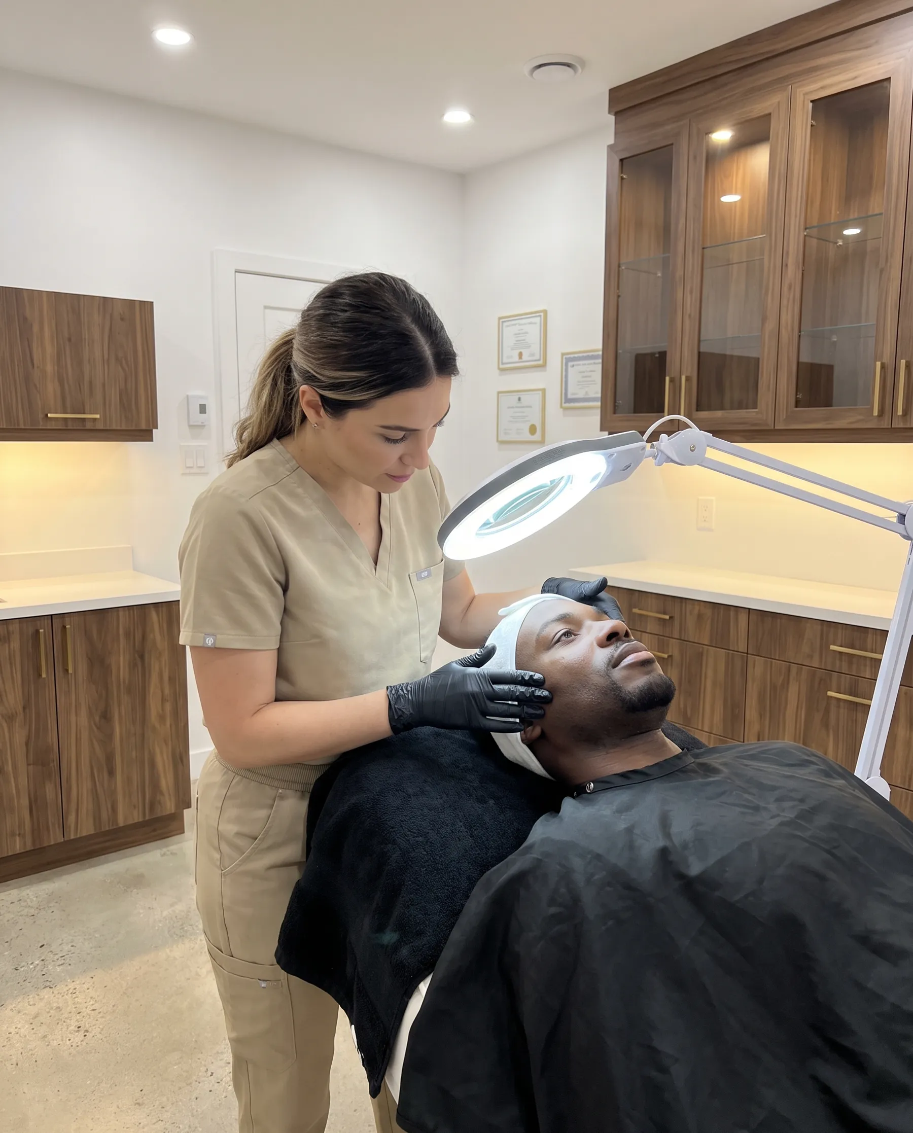 An aesthetician examining a man's face under the illuminated loupe