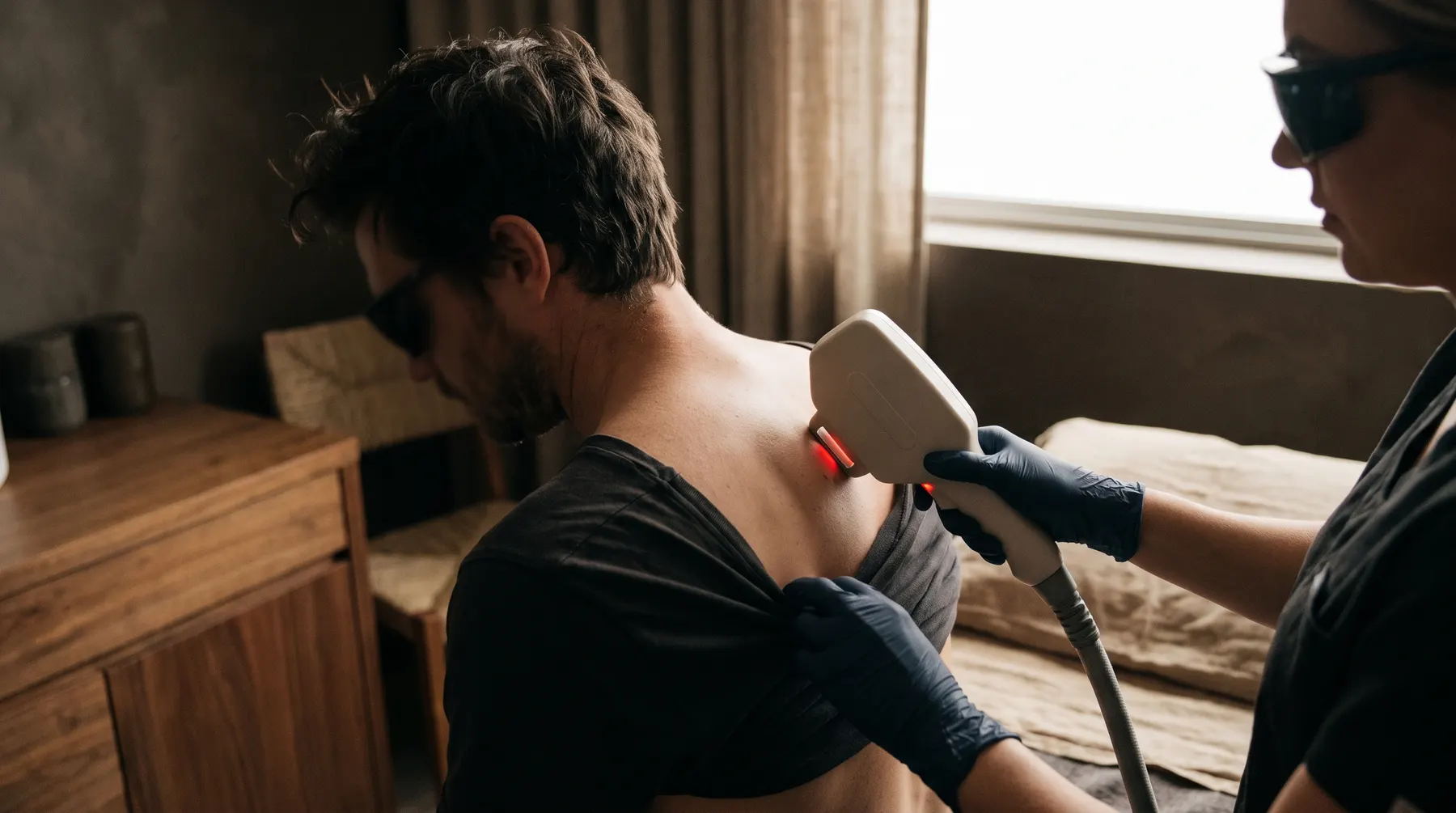 A laser hair removal session on a man's shoulder