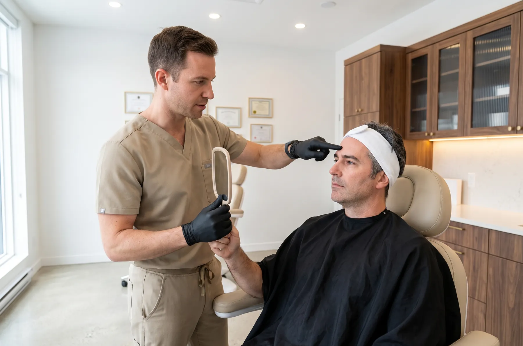 The physician pointing out an area of the forehead to a seated man, before anything is done