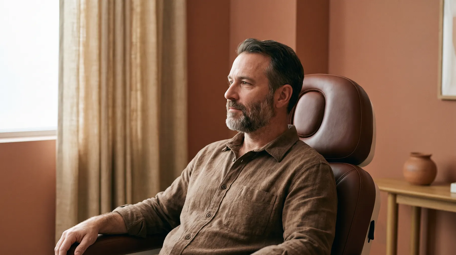 A man seated by a window, warm light