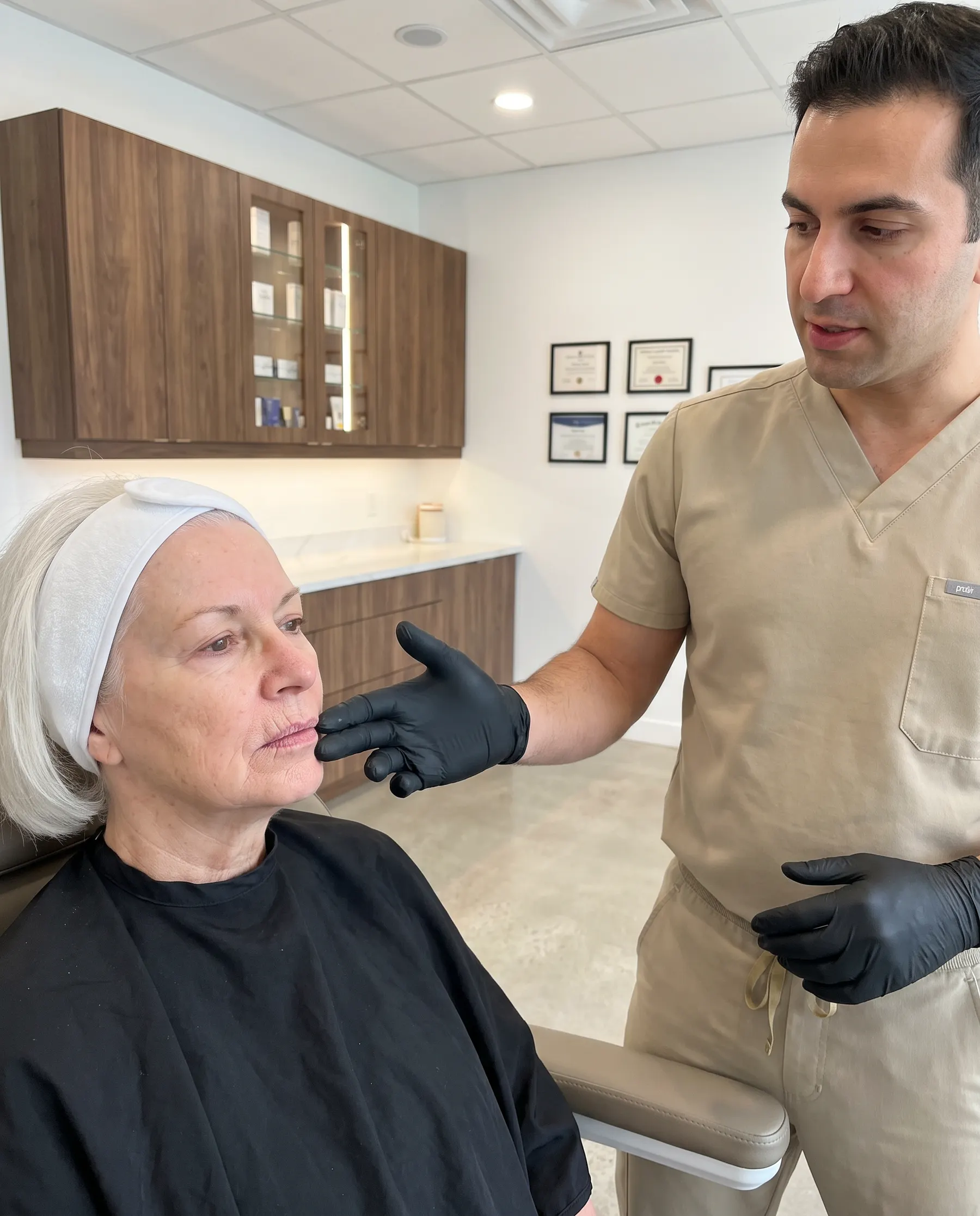 A medical consultation on dry, finely lined lips
