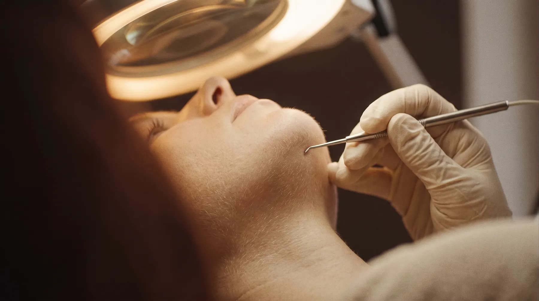 An esthetician guides the electrolysis probe along a client's chin, under a magnifying lamp