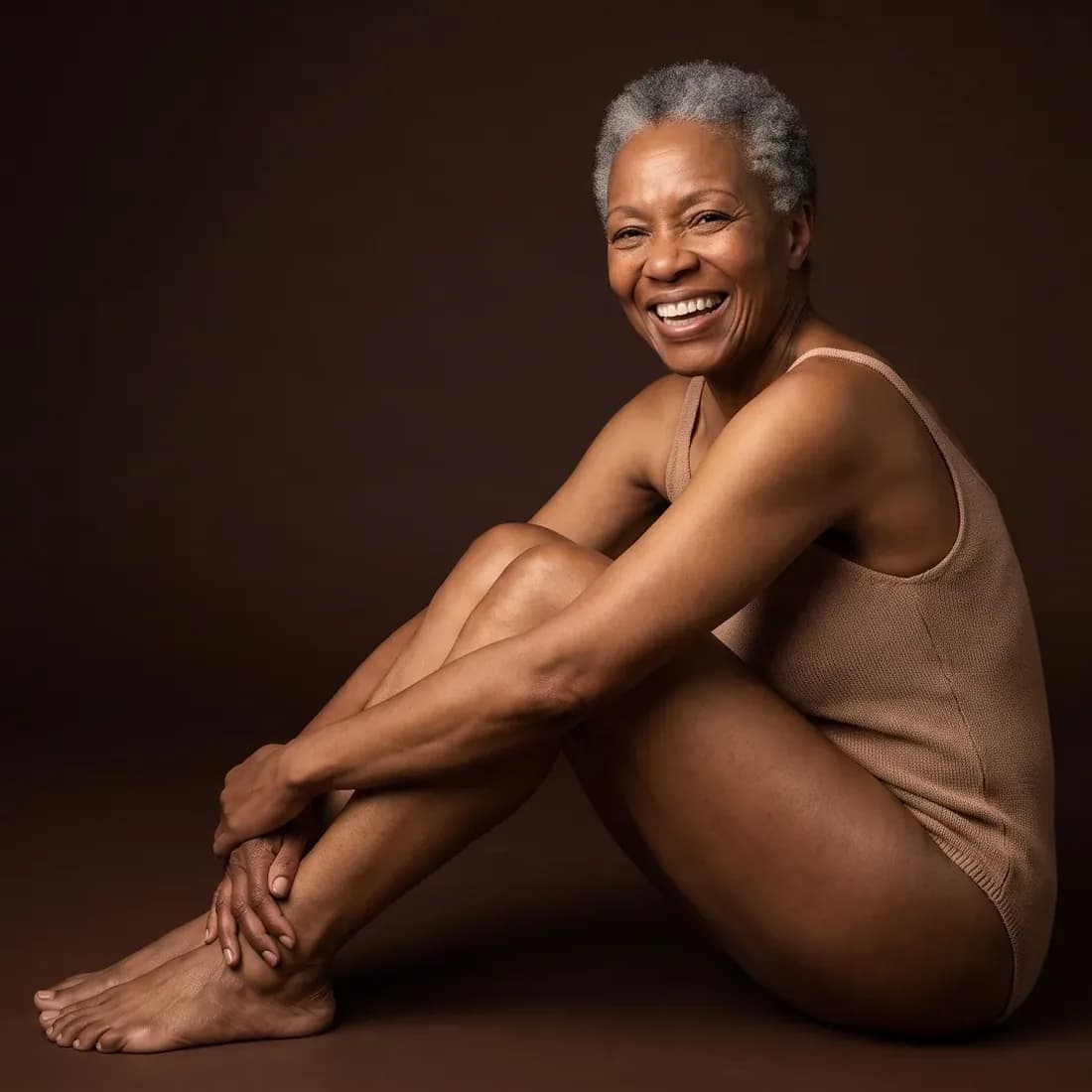 Woman with short grey hair, bare feet tucked under her, warm laugh