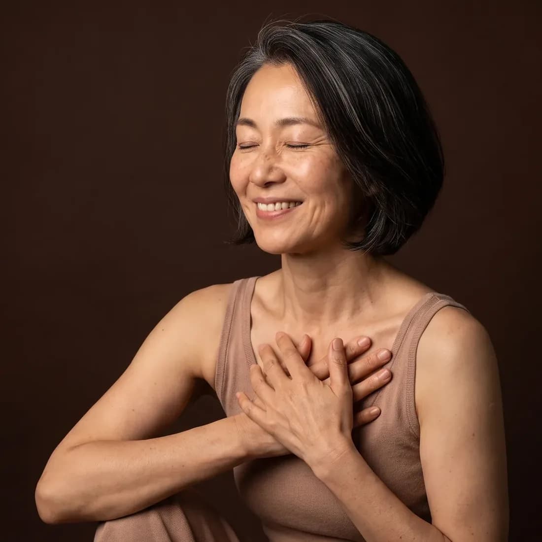 Woman with her eyes closed, hands resting over her heart, soothed smile