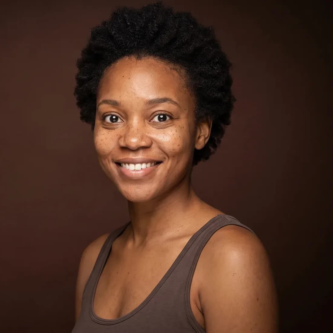 Young woman smiling, direct gaze, natural brows and well-defined lashes