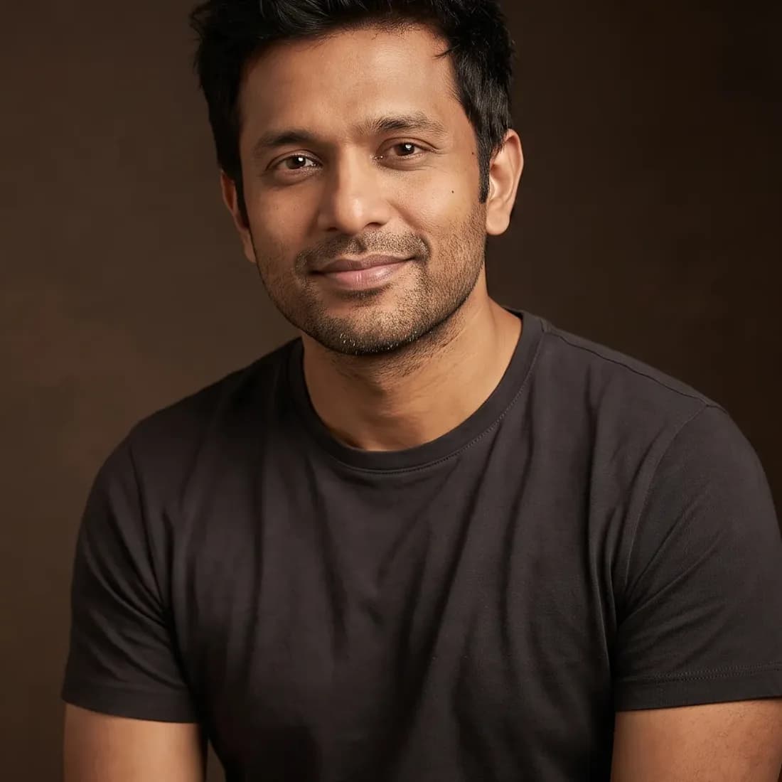A man of about thirty-eight with dark hair, a rested look